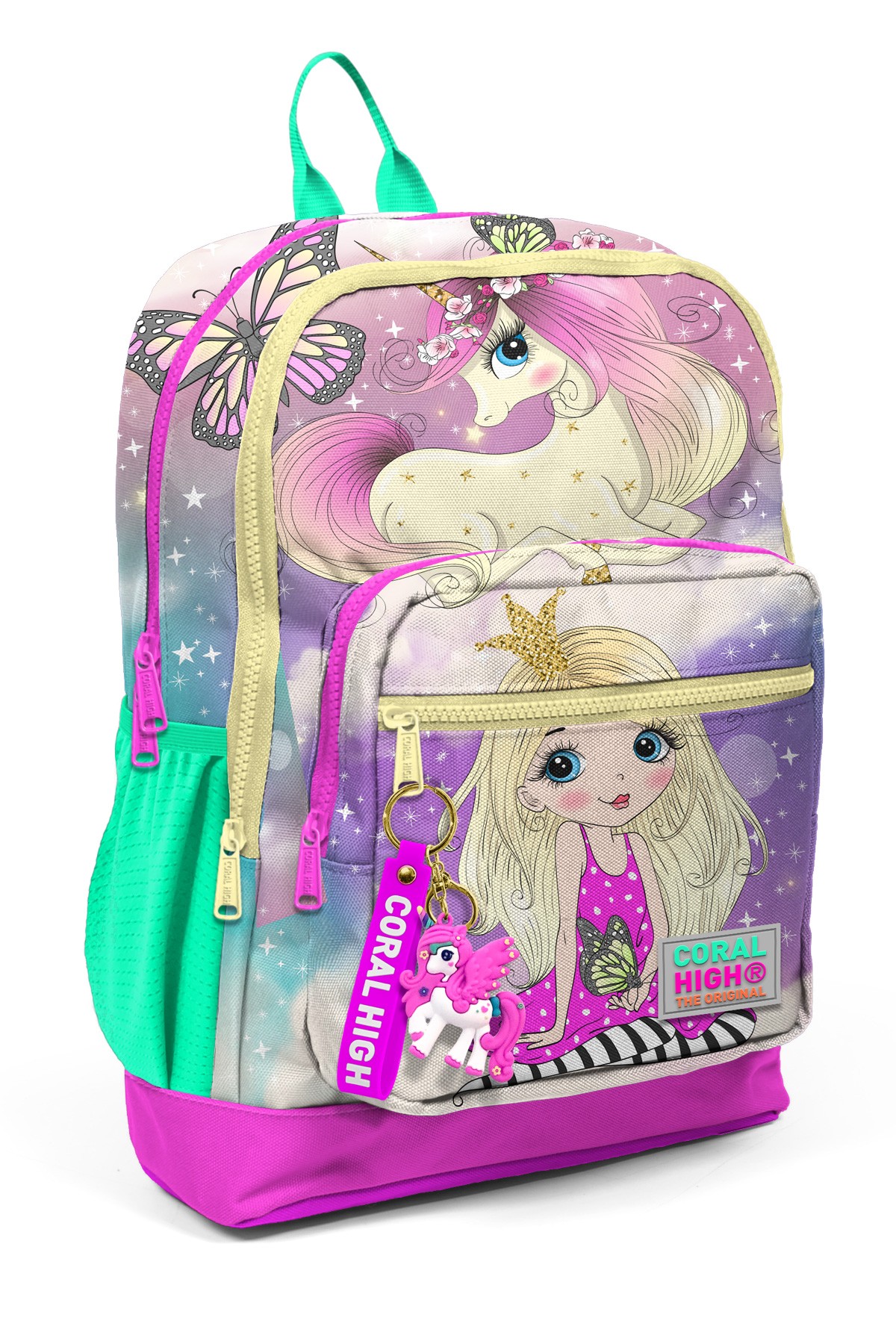 Coral High Kids Pembe Su Yeşili Unicornlu Kız Desenli Dört Bölmeli Okul Sırt Çantası 23733