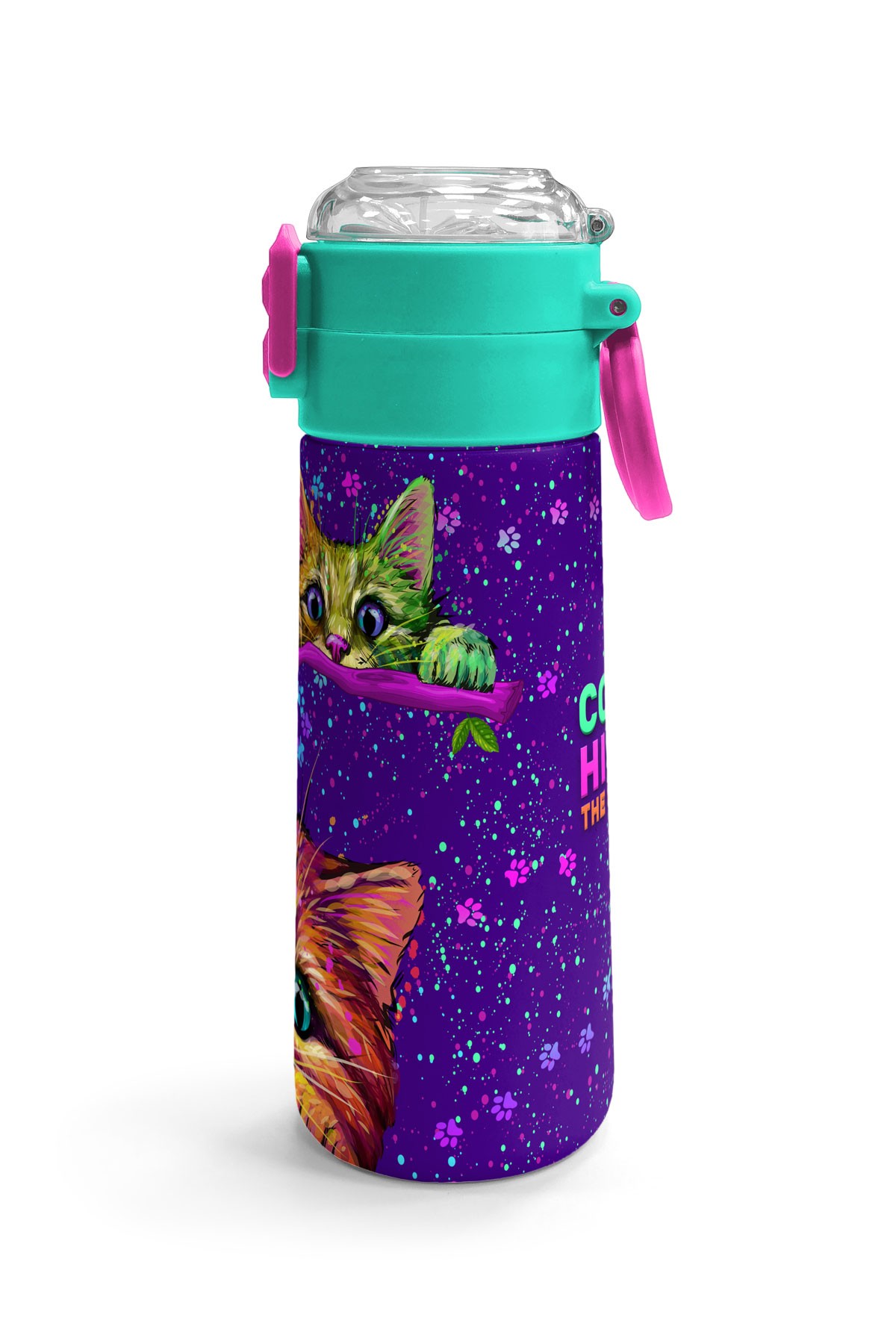 Coral High Kids Mor Pembe Kedi Desenli Pipetli ve Direkt İçim Çelik Termos 500 ml 31939