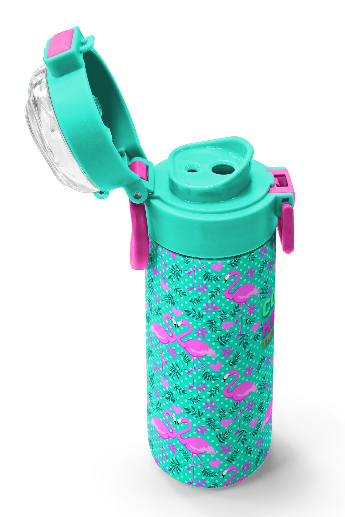 Coral High Kids Su Yeşili Pembe Flamingo Desenli Pipetli ve Direkt İçim Çelik Termos 500 ml 31926