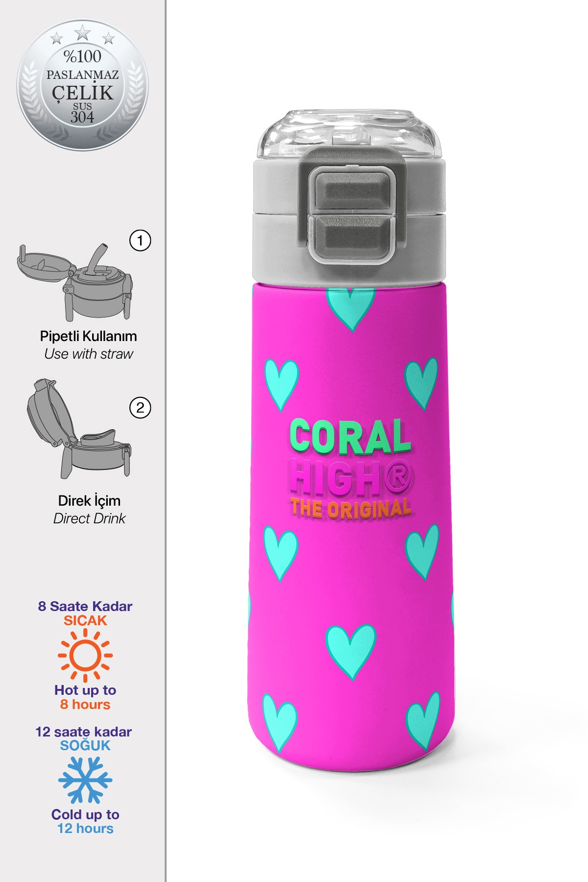 Coral High Kids Neon Pembe Su Yeşili Kalp Desenli Pipetli ve Direkt İçim Çelik Termos 500 ml 31906