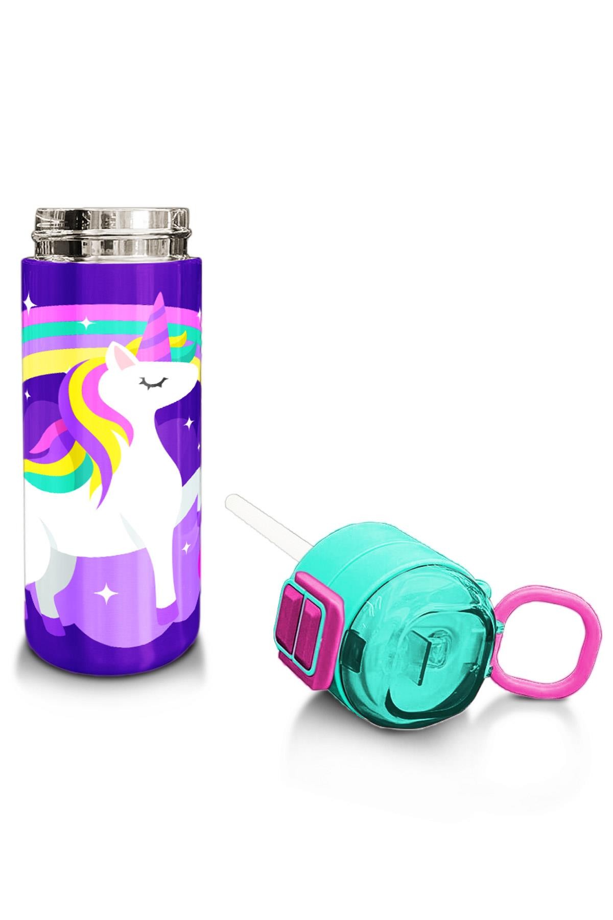 Coral High Kids Mor Su Yeşili Unicorn Desenli Pipetli ve Direkt İçim Çelik Termos 500 ml 31818