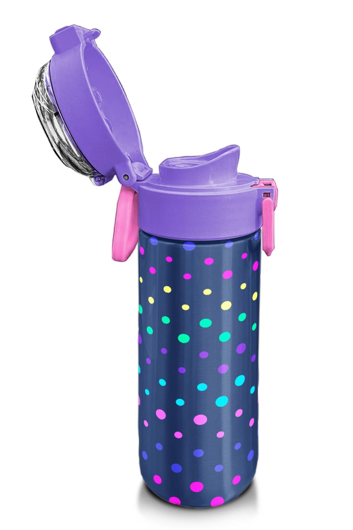 Coral High Kids Lacivert Puantiyeli Desenli Pipetli ve Direkt İçim Çelik Termos 500 ml 31872