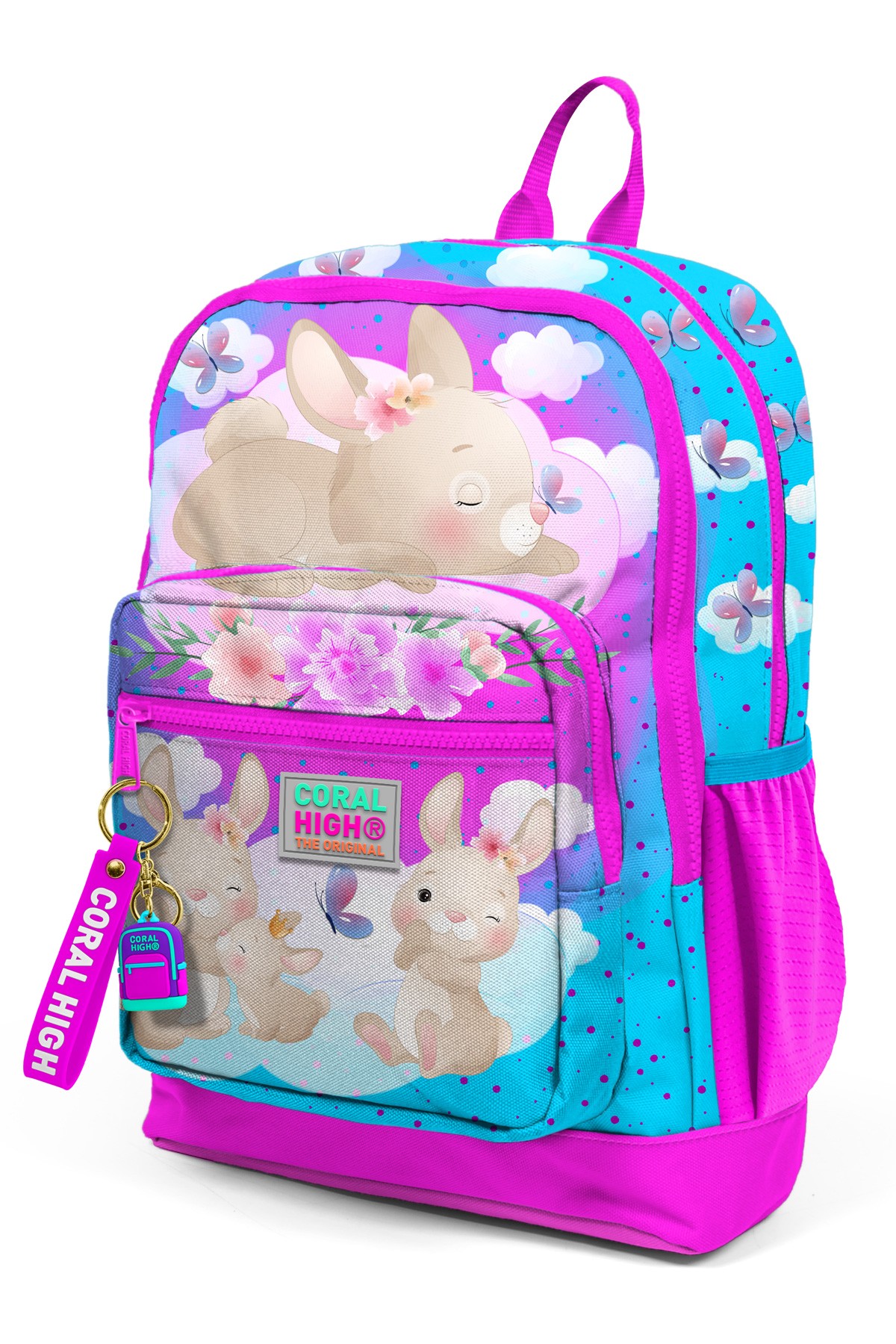 Coral High Kids Mavi Pembe Tavşan Desenli Dört Bölmeli Okul Sırt Çantası 23736