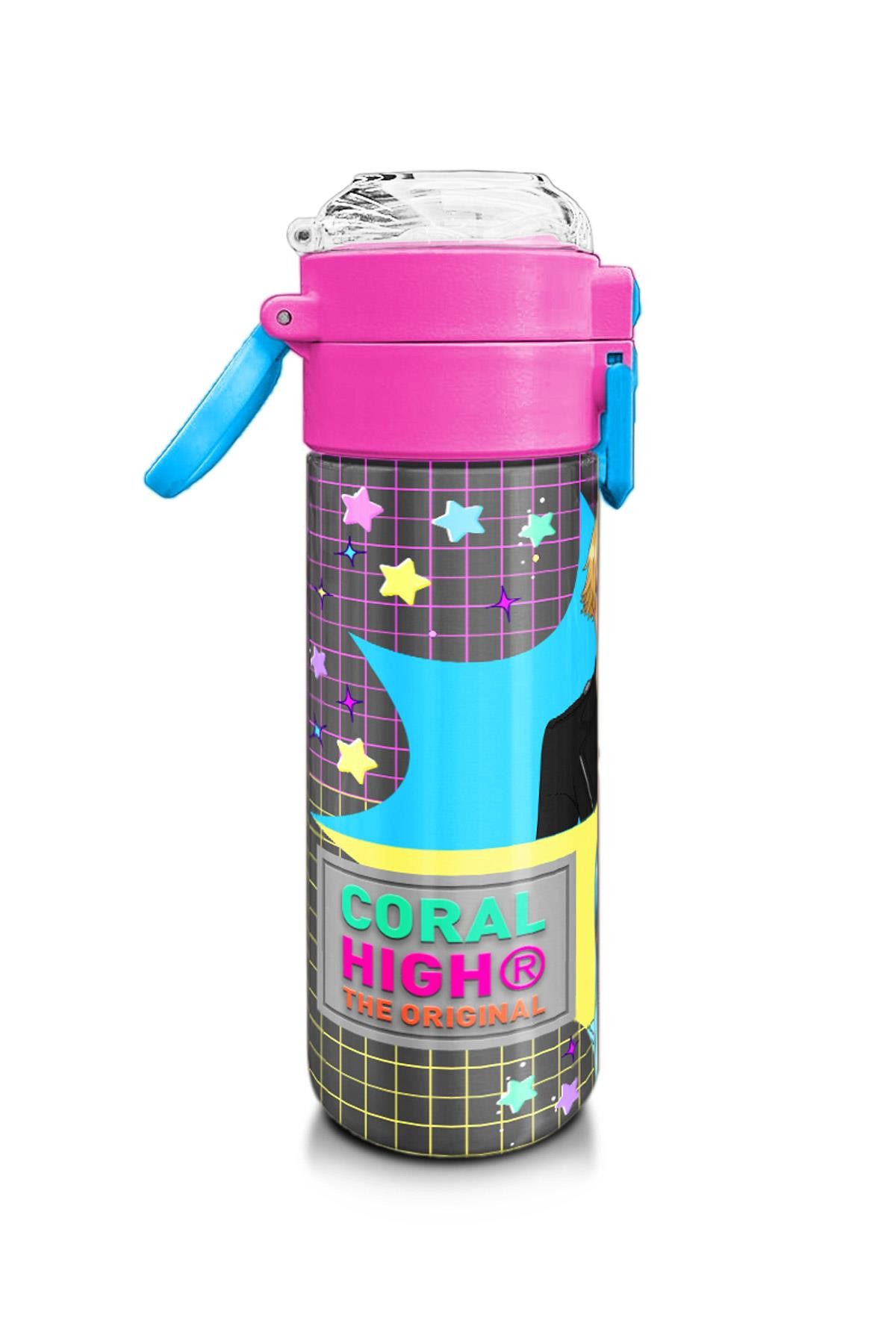 Coral High Kids Gri Mavi Pembe Anime Desenli Pipetli ve Direkt İçim Çelik Termos 500 ml 31943