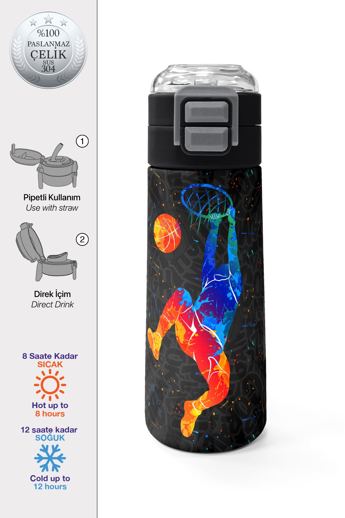 Coral High Kids Gri Basketbol Desenli Pipetli ve Direkt İçim Çelik Termos 500 ml 31856