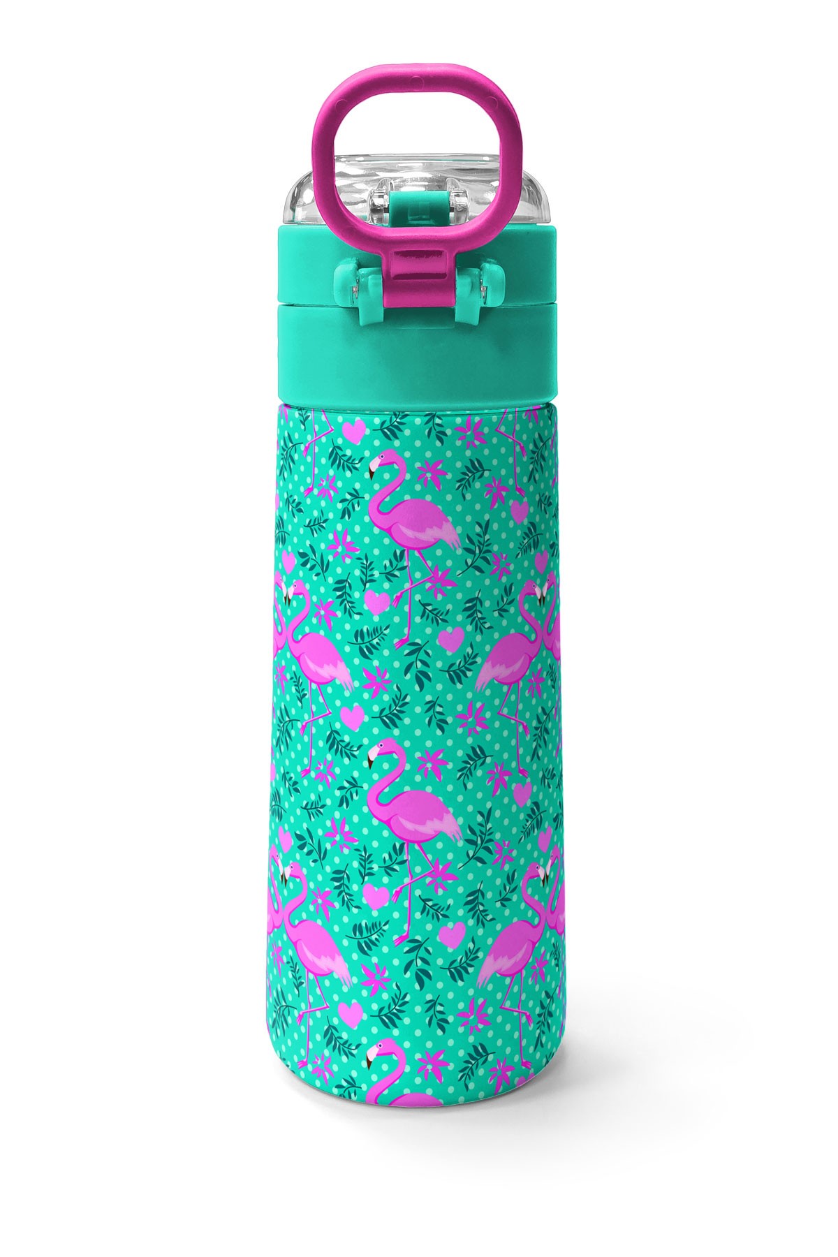 Coral High Kids Su Yeşili Pembe Flamingo Desenli Pipetli ve Direkt İçim Çelik Termos 500 ml 31926