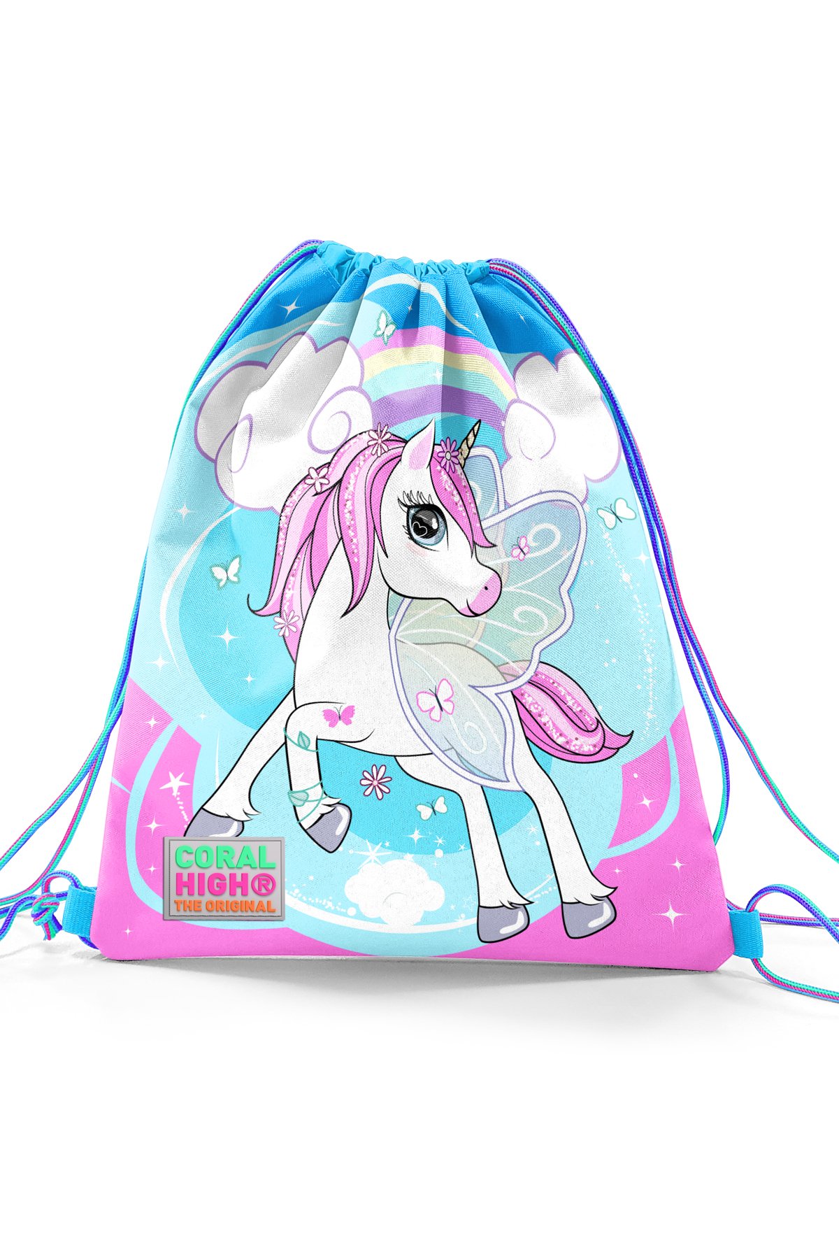 Coral High Kids Mavi Neon Pembe Unicorn Desenli İpli Büzgülü Sırt Çantası 22467