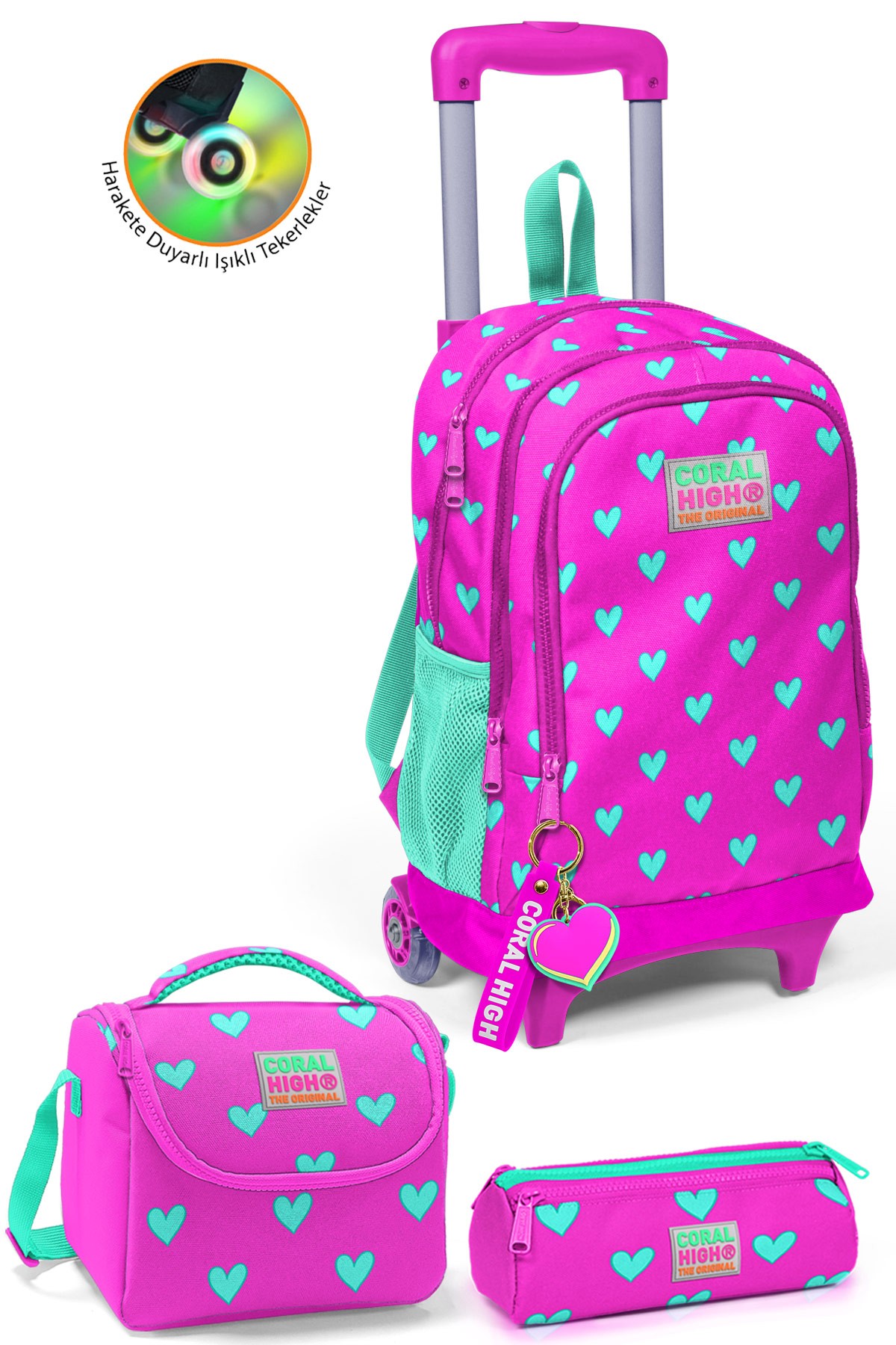 Coral High Kids Neon Pembe Su Yeşili Kalp Desenli Çekçekli 3'lü Çanta Seti SET0123133