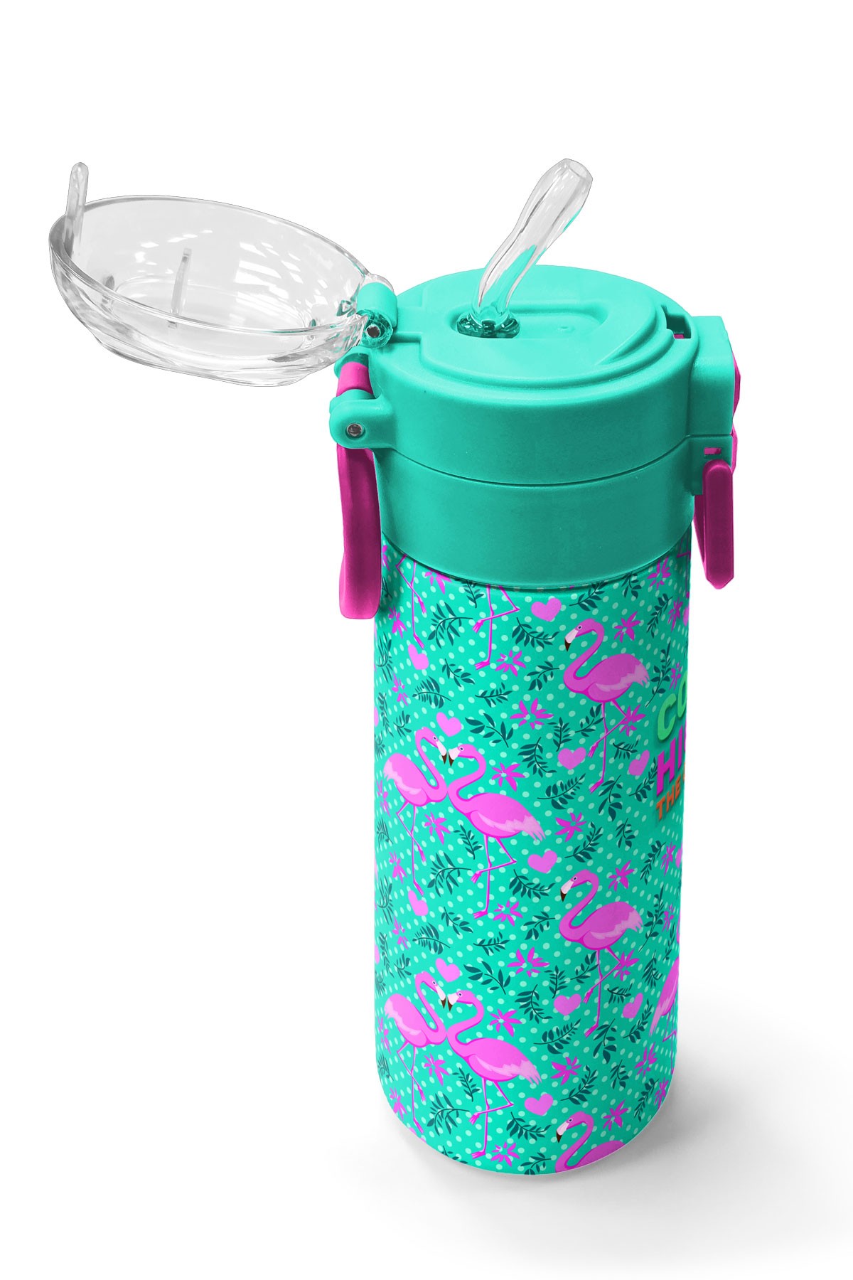 Coral High Kids Su Yeşili Pembe Flamingo Desenli Pipetli ve Direkt İçim Çelik Termos 500 ml 31926