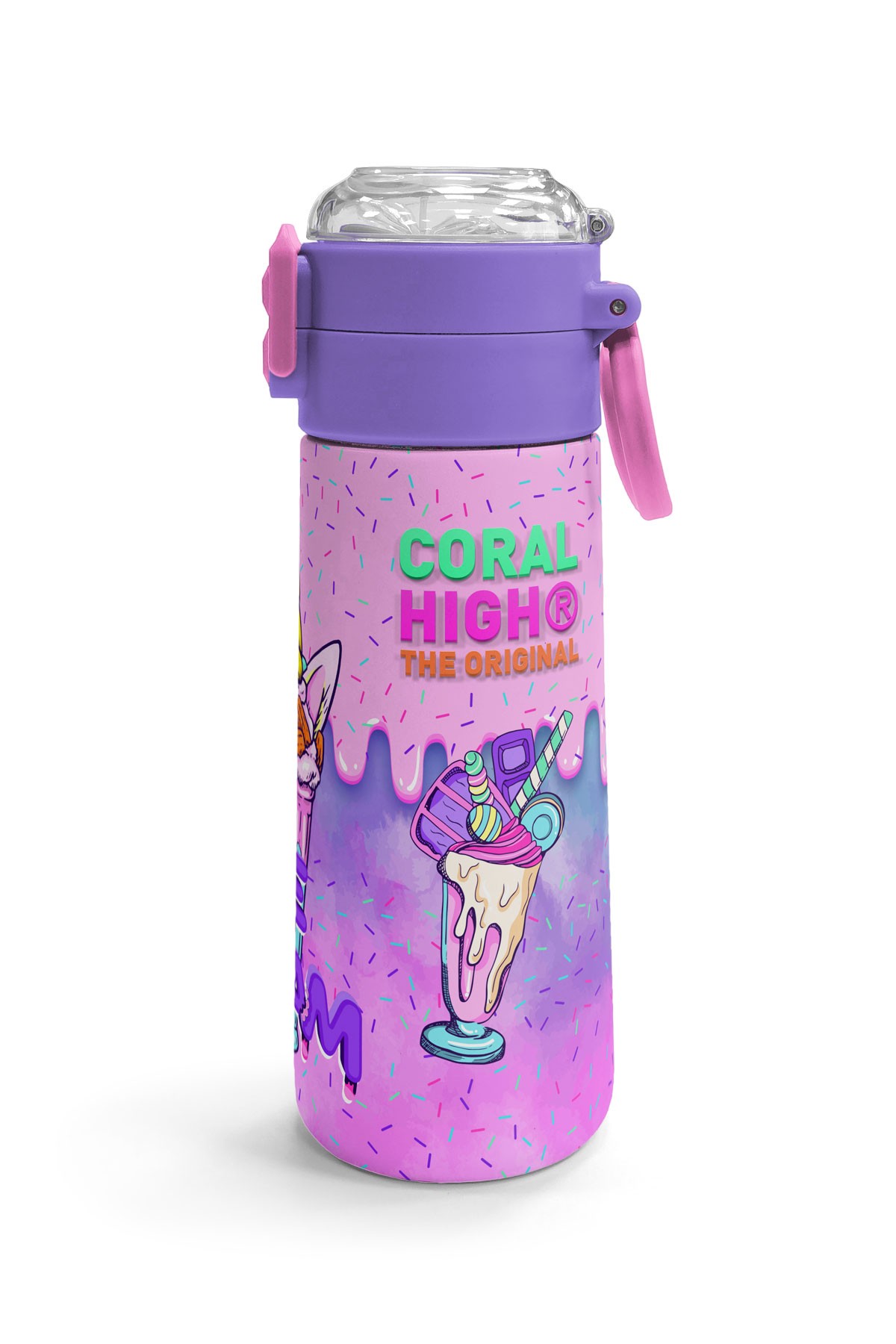Coral High Kids Pembe Mor Milkshake Dondurma Desenli Pipetli ve Direkt İçim Çelik Termos 500 ml 31950