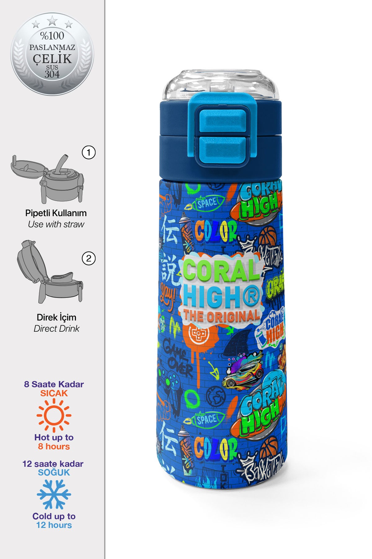 Coral High Kids Saks Grafiti Desenli Pipetli ve Direkt İçim Çelik Termos 500 ml 31968