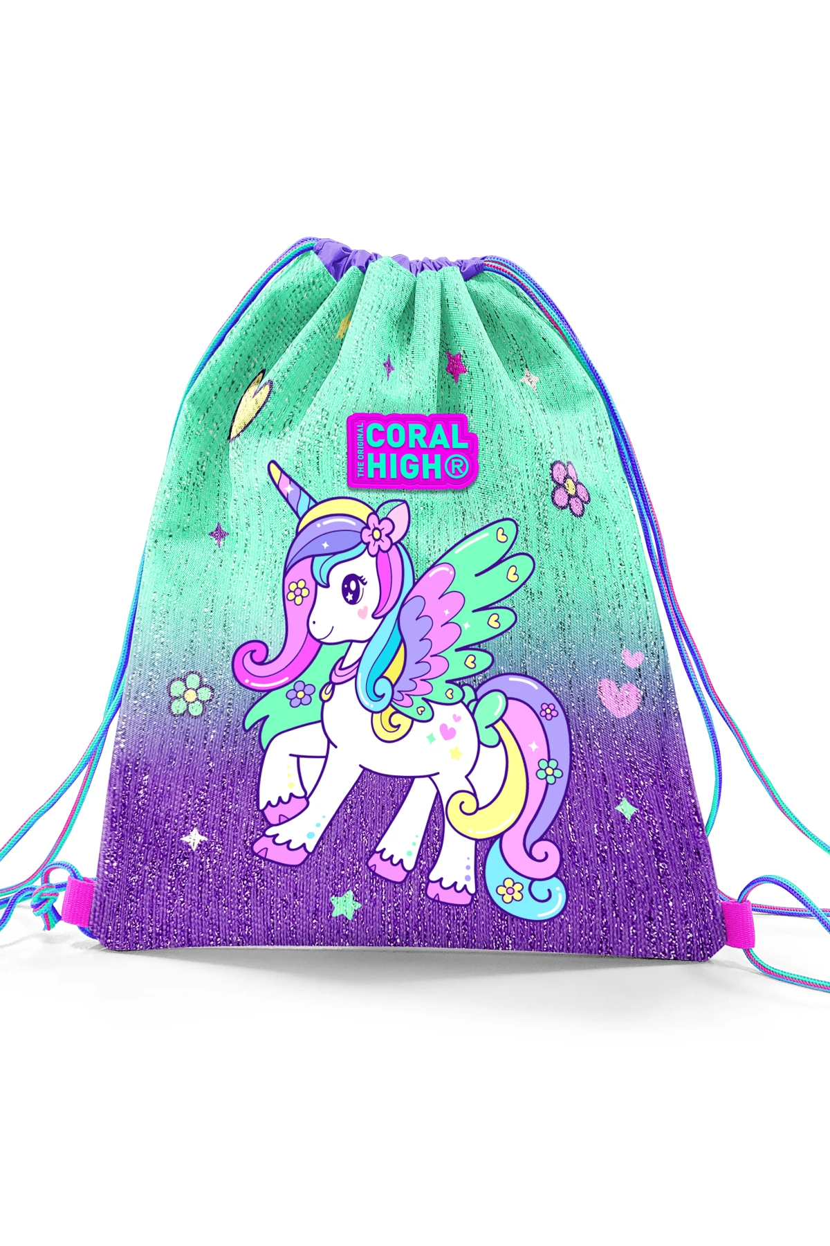 Coral High Kids Mor Su Yeşili Unicorn Desenli İpli Büzgülü Sırt Çantası 22691