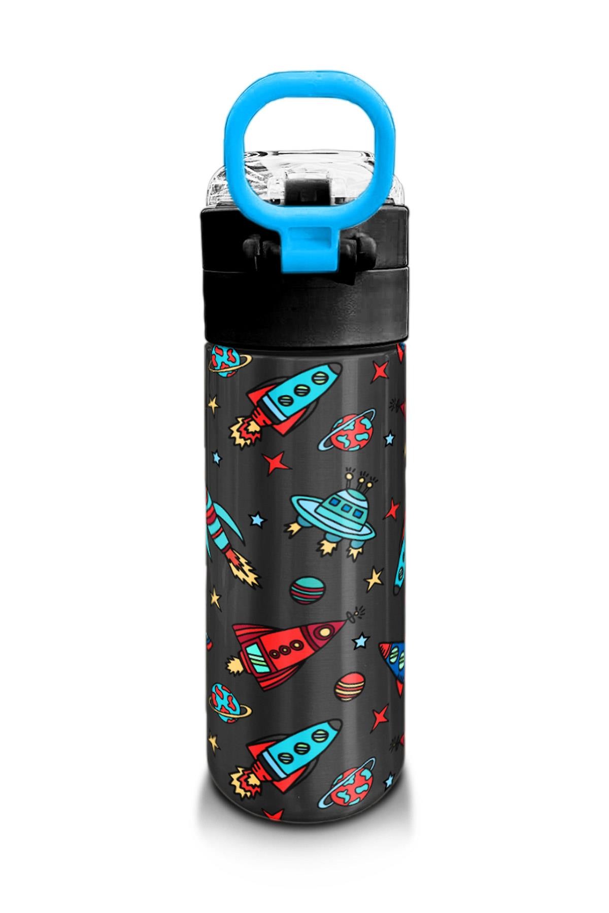 Coral High Kids Koyu Gri Kırmızı Uzay Desenli Pipetli ve Direkt İçim Çelik Termos 500 ml 31916
