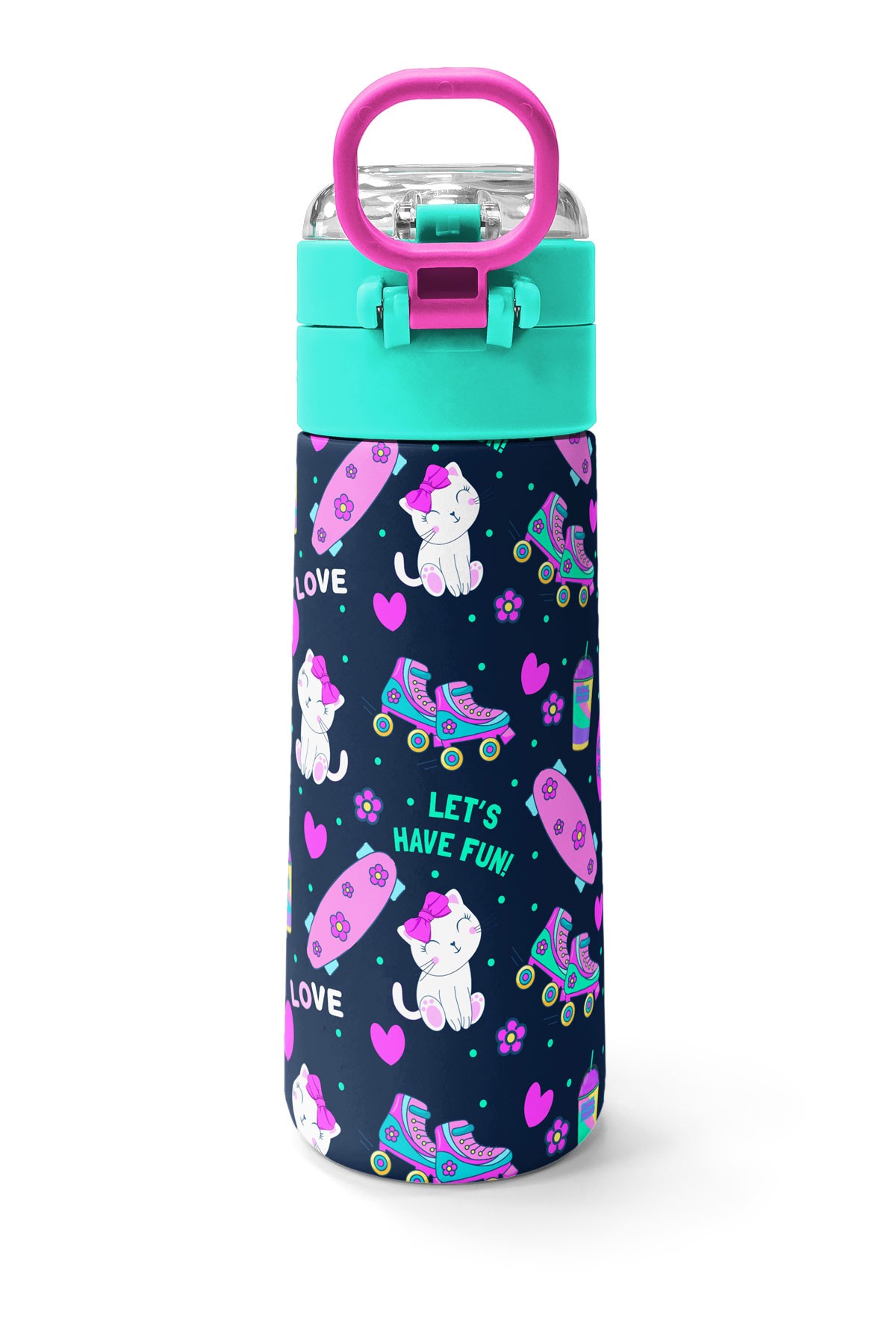 Coral High Kids Lacivert Pembe Kedili Paten Desenli Pipetli ve Direkt İçim Çelik Termos 500 ml 31983