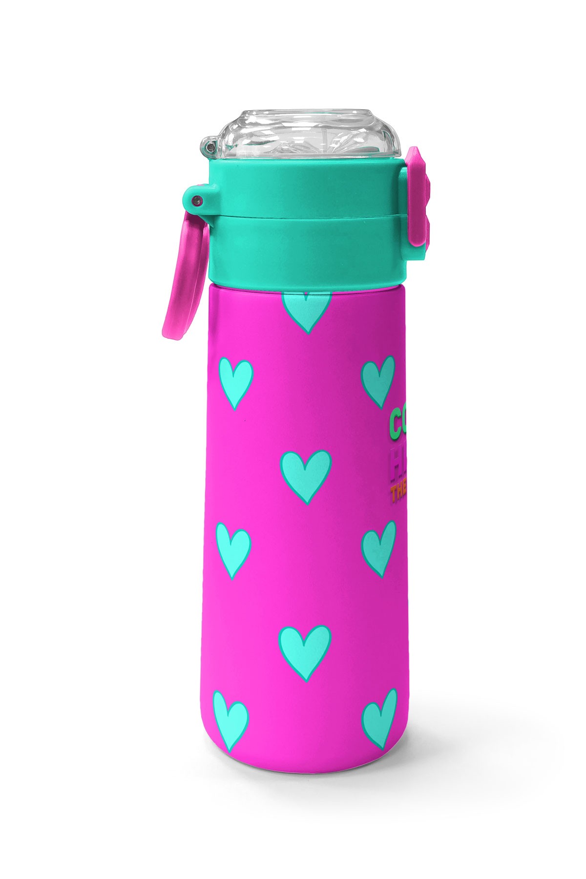 Coral High Kids Neon Pembe Su Yeşili Kalp Desenli Pipetli ve Direkt İçim Çelik Termos 500 ml 31906