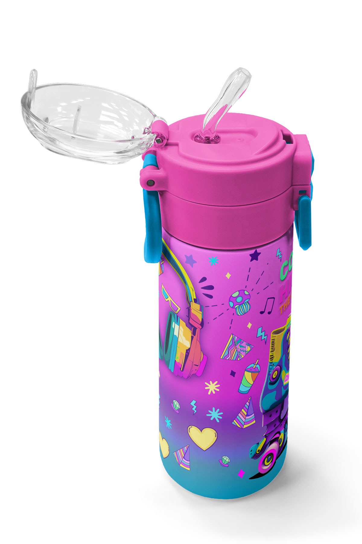 Coral High Kids Pembe Turkuaz Kulaklık Paten Desenli Pipetli ve Direkt İçim Çelik Termos 500 ml 31955
