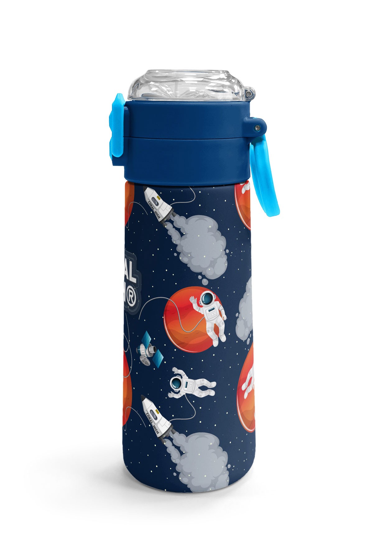 Coral High Kids Lacivert Mavi Astronot Desenli Pipetli ve Direkt İçim Çelik Termos 500 ml 31999