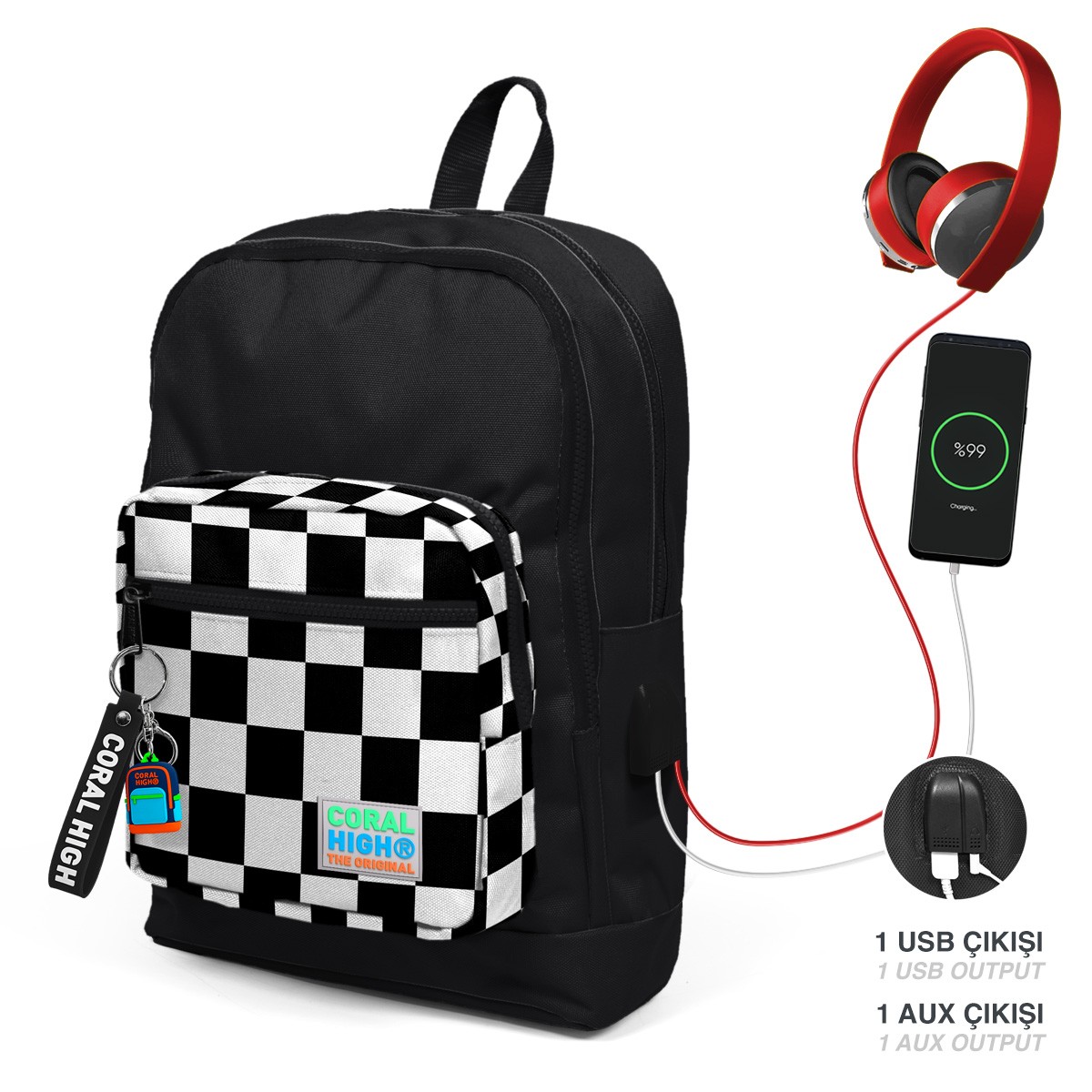 Coral High Kids Siyah Dama Desenli Dört Bölmeli USB'li Okul Sırt Çantası 23814