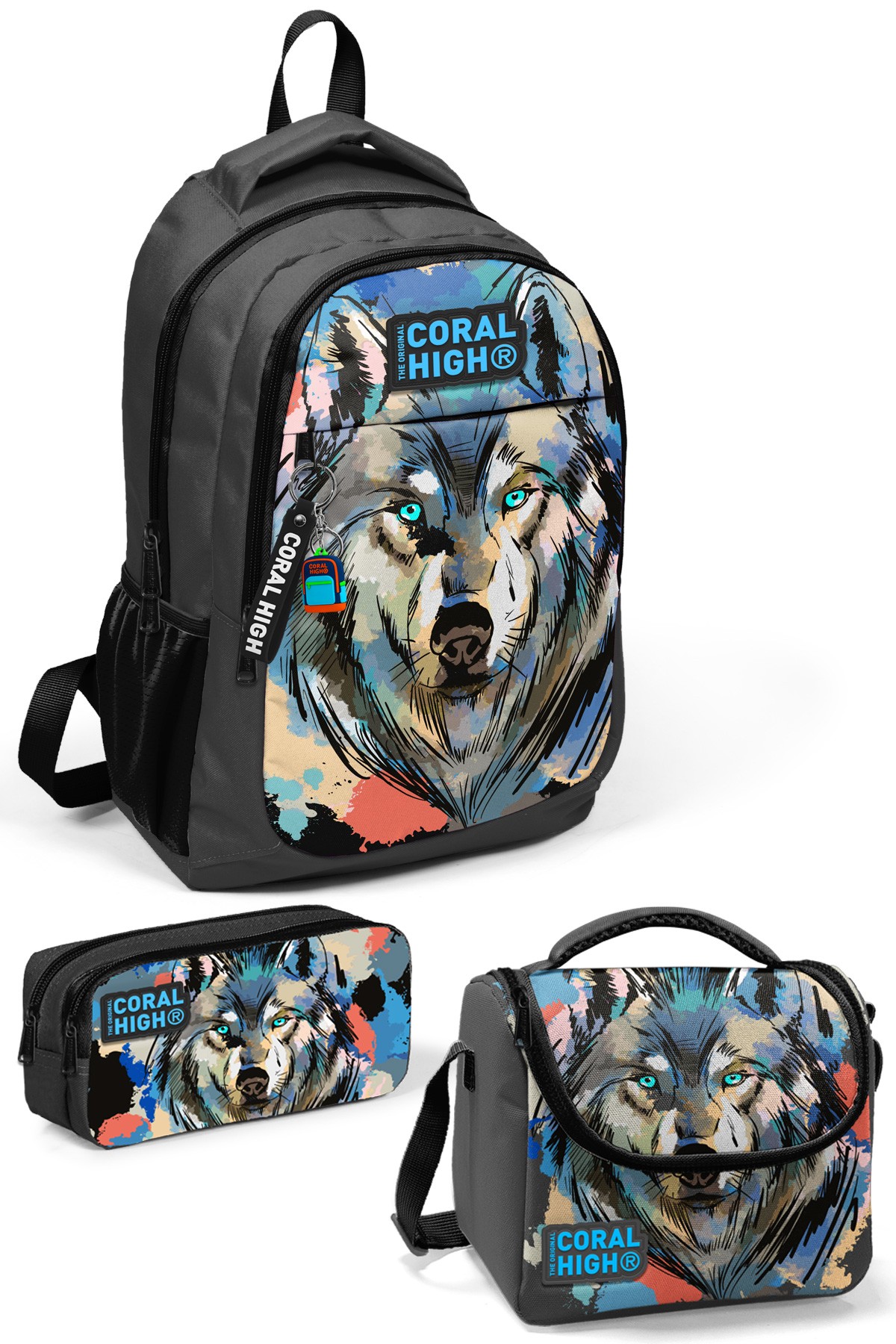 Coral High Kids Gri Siyah Kurt Desenli 3’lü Okul Çanta Seti SET0114404