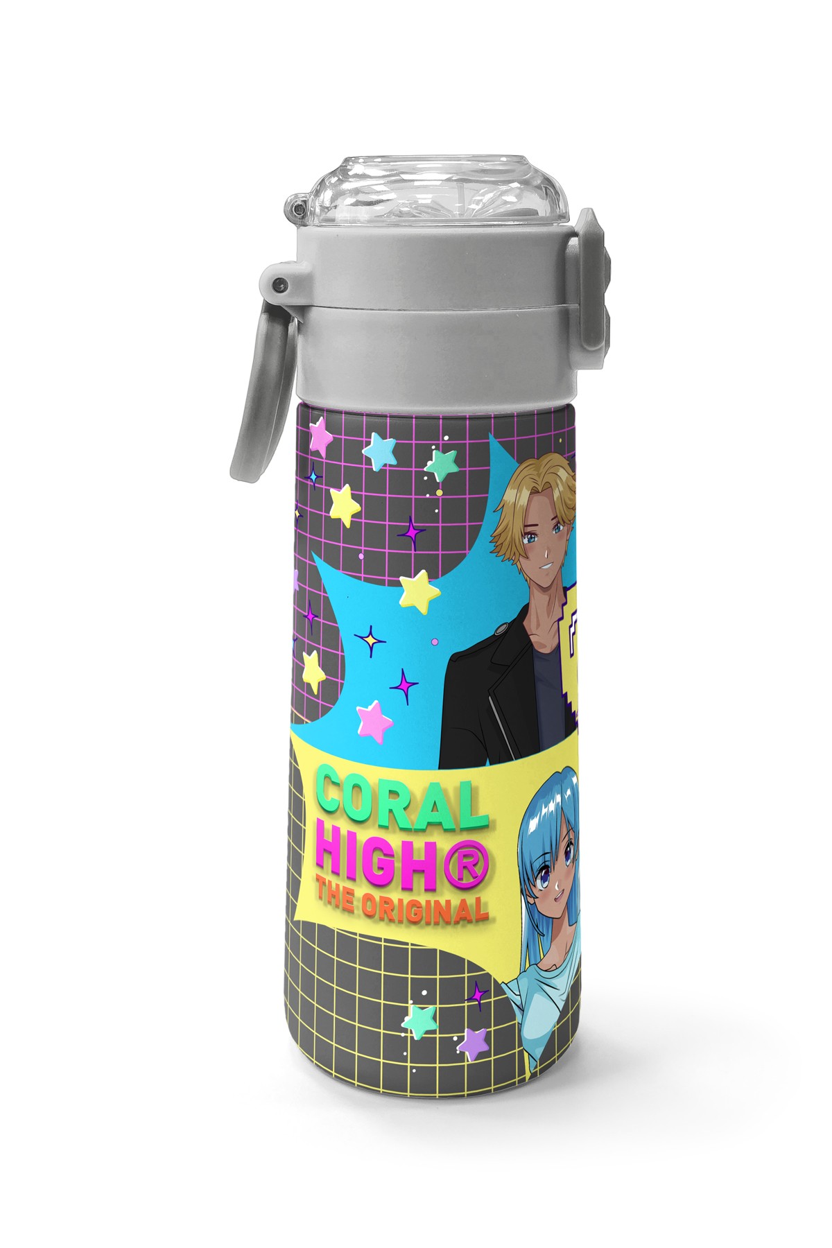 Coral High Kids Gri Mavi Pembe Anime Desenli Pipetli ve Direkt İçim Çelik Termos 500 ml 31943