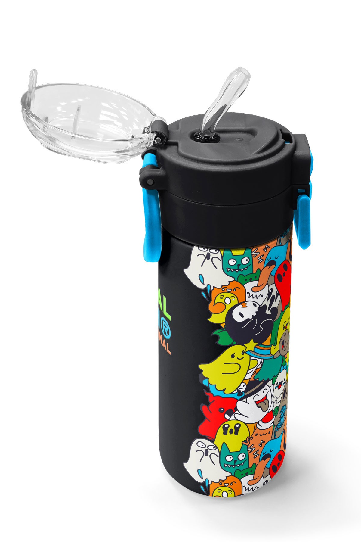 Coral High Kids Siyah Karikatür Çizgili Desenli Pipetli ve Direkt İçim Çelik Termos 500 ml 31990