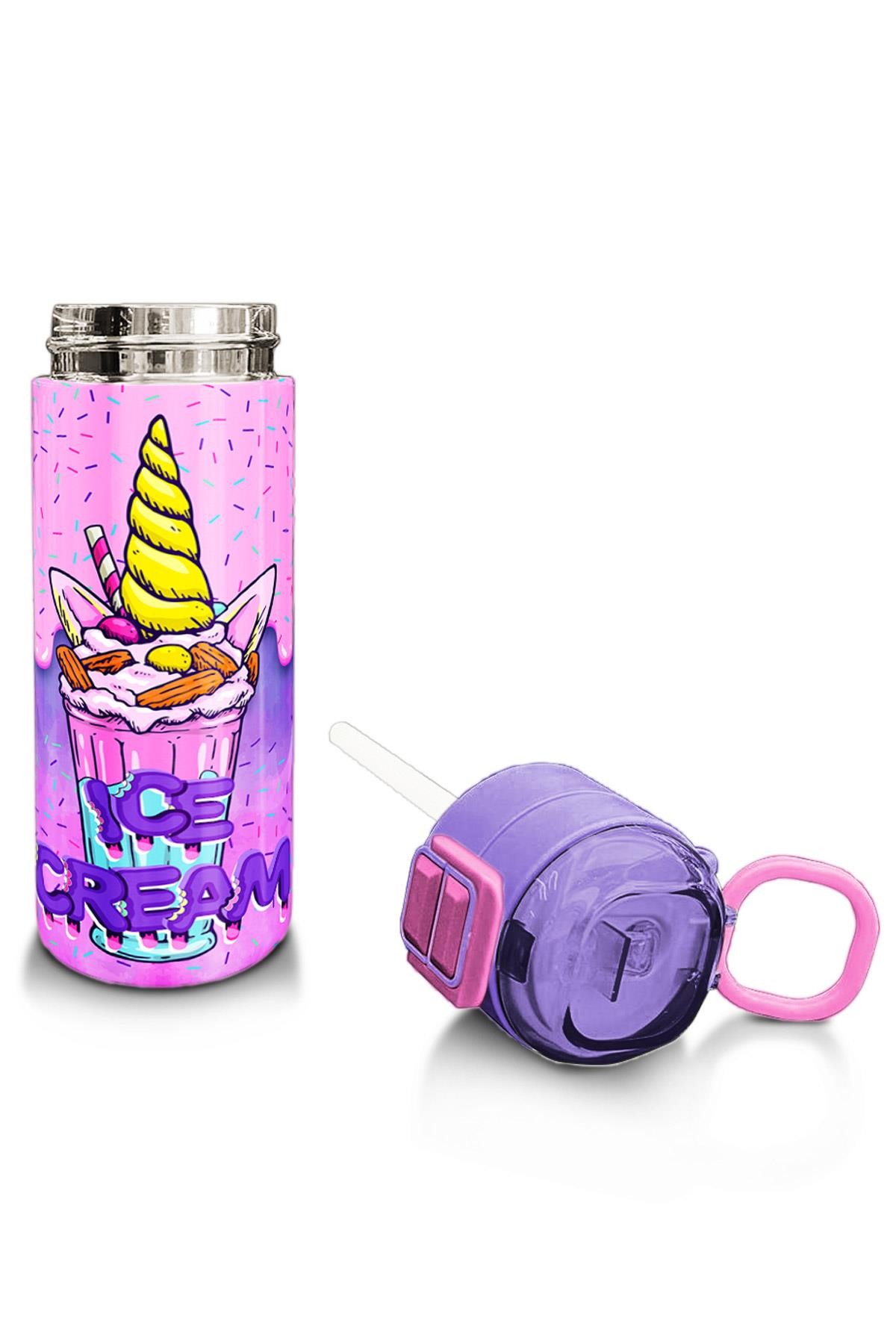 Coral High Kids Pembe Mor Milkshake Dondurma Desenli Pipetli ve Direkt İçim Çelik Termos 500 ml 31950