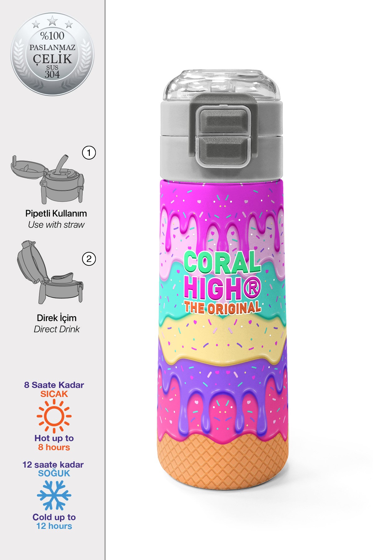 Coral High Kids Pembe Rengarenk Dondurma Desenli Pipetli ve Direkt İçim Çelik Termos 500 ml 31938