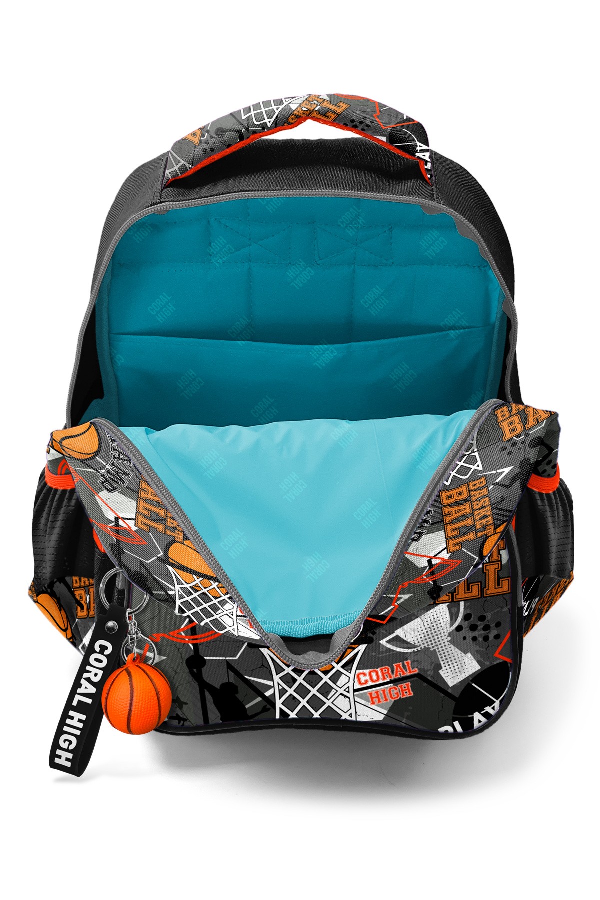 Coral High Kids Siyah Gri Basketbol Desenli Üç Bölmeli Okul Sırt Çantası 14418