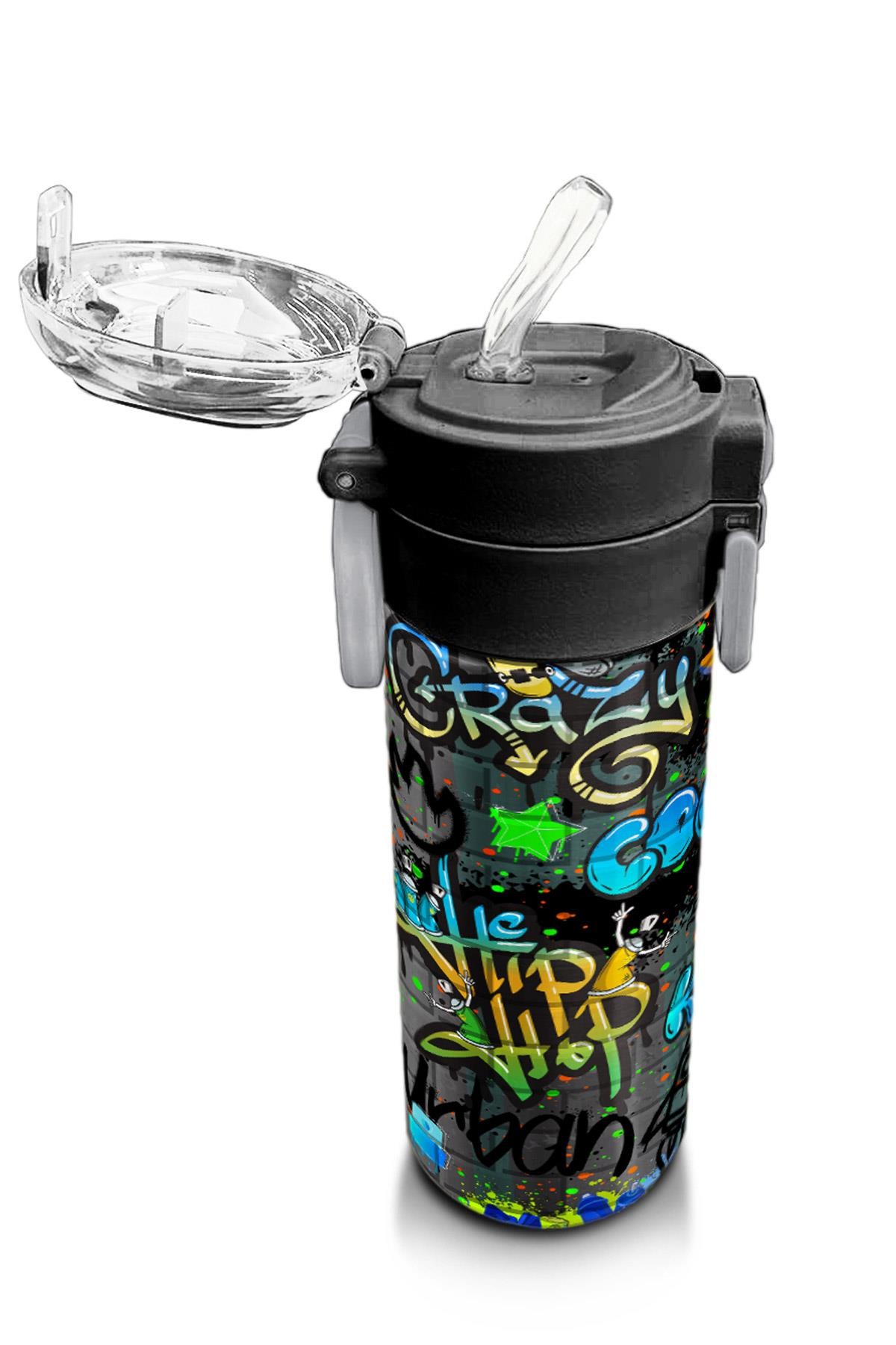 Coral High Kids Siyah Mavi Grafiti Desenli Pipetli ve Direkt İçim Çelik Termos 500 ml 31972