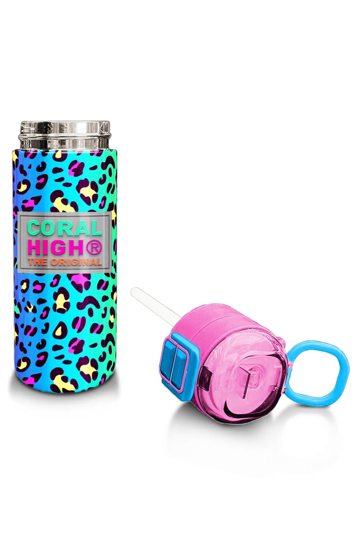 Coral High Kids Renkli Leopar Desenli Pipetli ve Direk İçimli Paslanmaz Çelik Termos 500 ML 31985