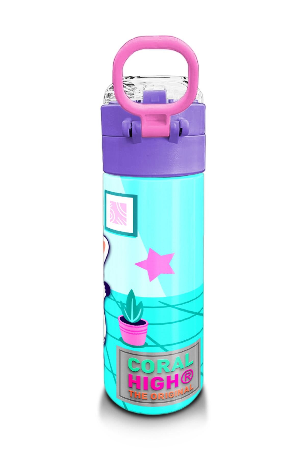 Coral High Kids Turkuaz Pembe Dondurmalı Desenli Pipetli ve Direkt İçim Çelik Termos 500 ml 31952