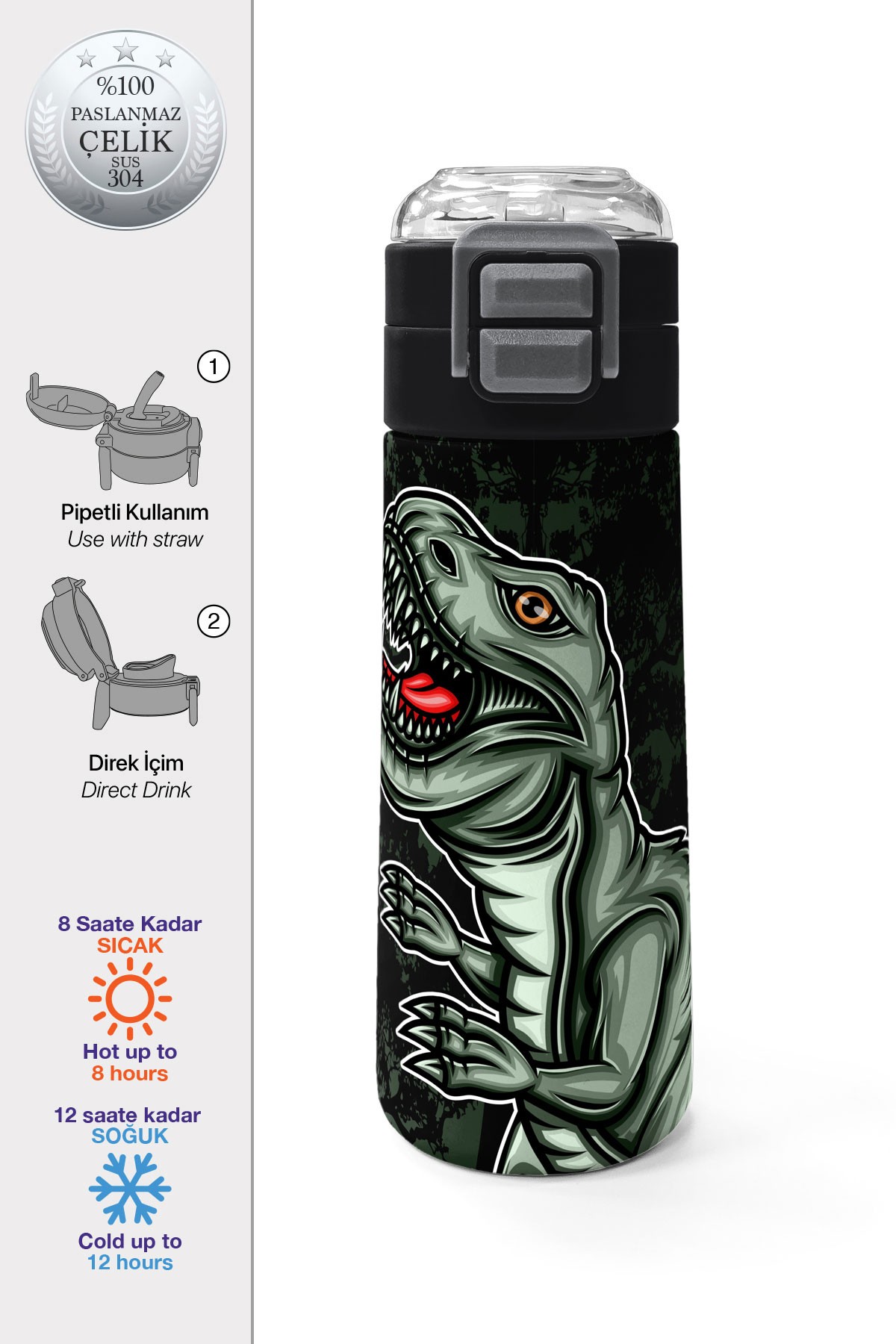 Coral High Kids Koyu Yeşil Siyah Dinozor Desenli Pipetli ve Direkt İçim Çelik Termos 500 ml 31934