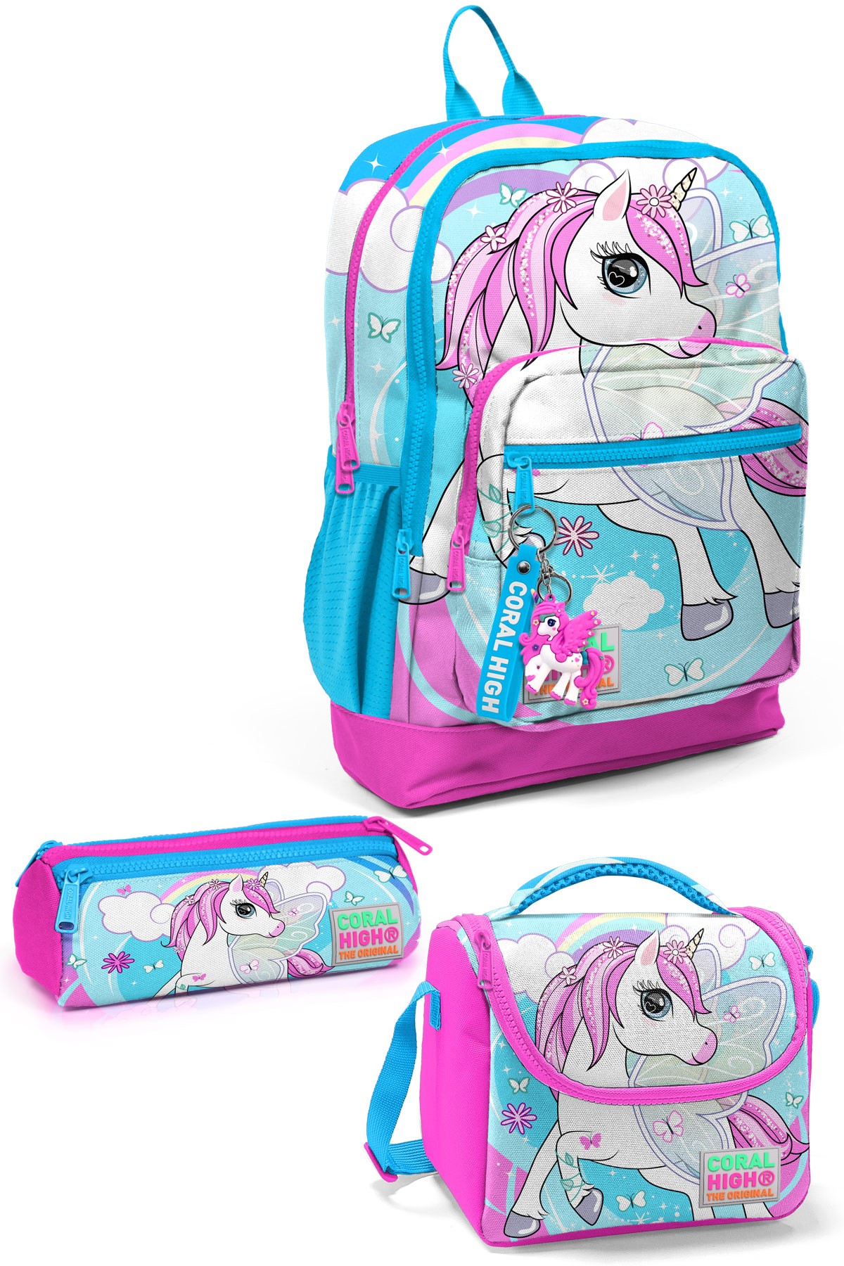 Coral High Kids Mavi Neon Pembe Unicorn Desenli 3’lü Okul Çanta Seti SET0123711