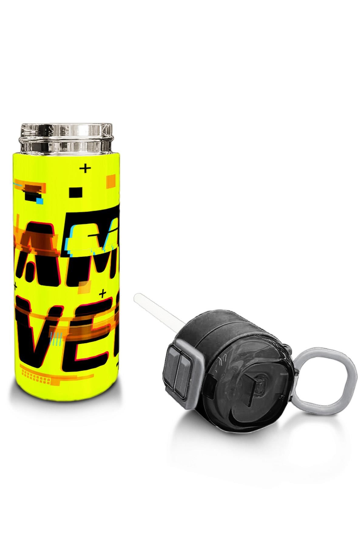 Coral High Kids Siyah Neon Sarı Game Over Desenli Pipetli ve Direkt İçim Çelik Termos 500 ml 31936