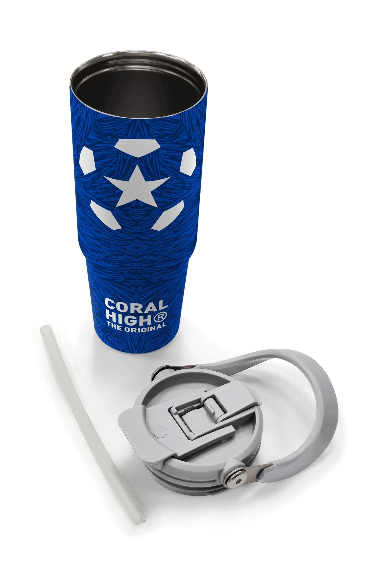 Coral High Dark Blue Saks Football Patterned Steel Thermos with