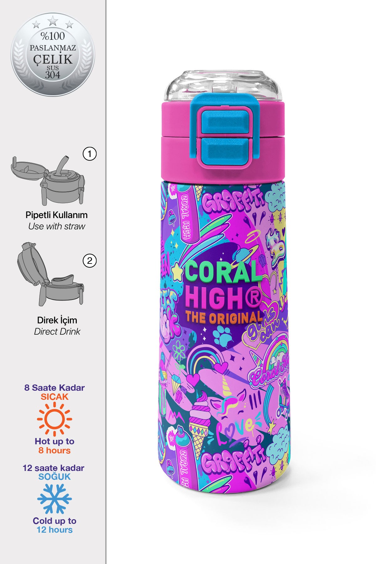 Coral High Kids Grafiti Desenli Pipetli ve Direkt İçim Çelik Termos 500 ml 31961