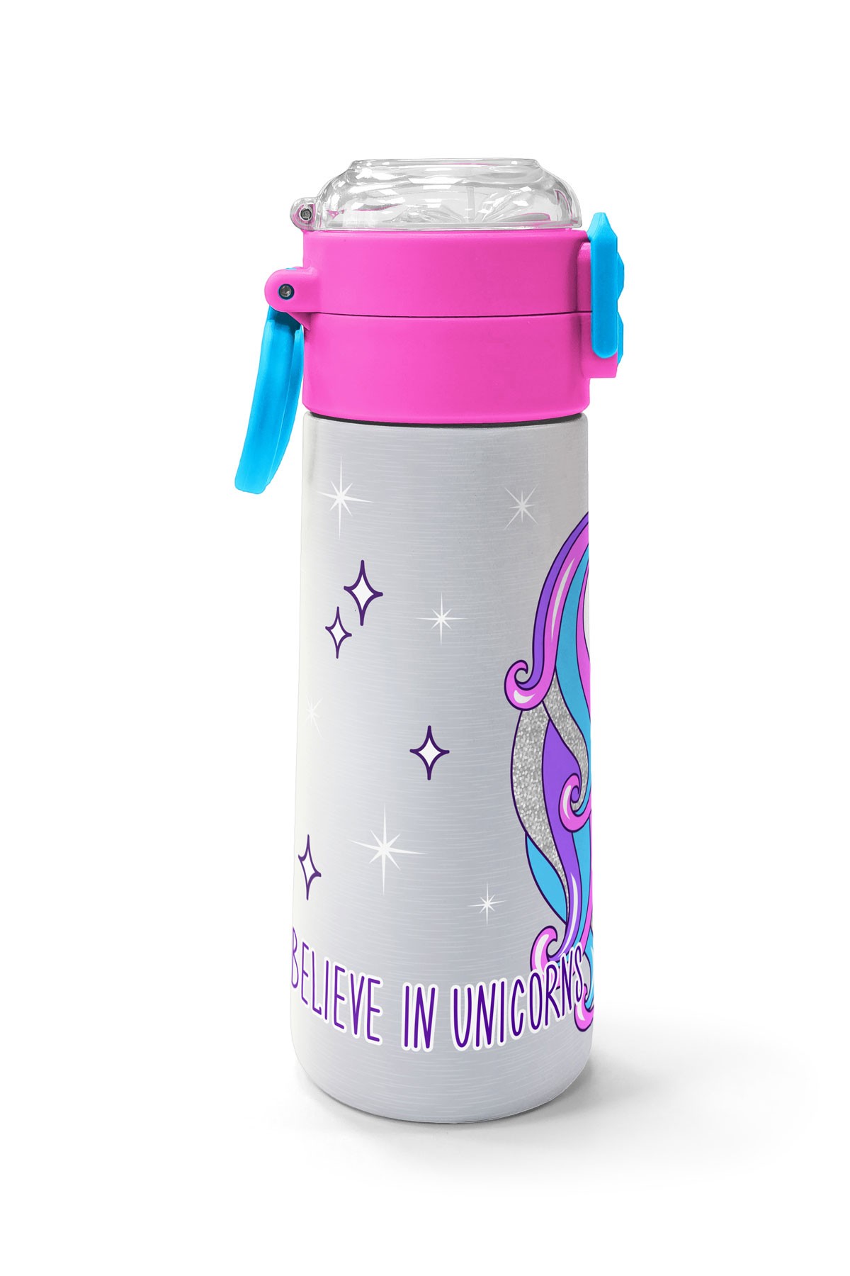 Coral High Kids Pembe Gümüş Unicorn Desenli Pipetli ve Direkt İçim Çelik Termos 500 ml 31821