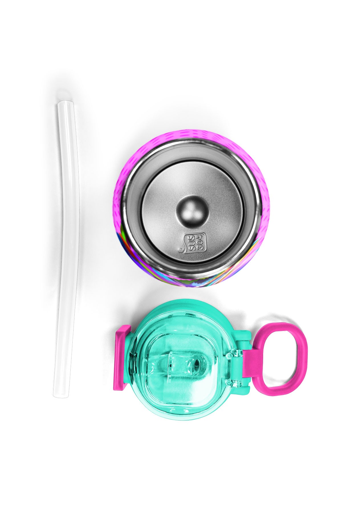 Coral High Kids Pembe Mavi Kedi Desenli Pipetli ve Direkt İçim Çelik Termos 500 ml 31842