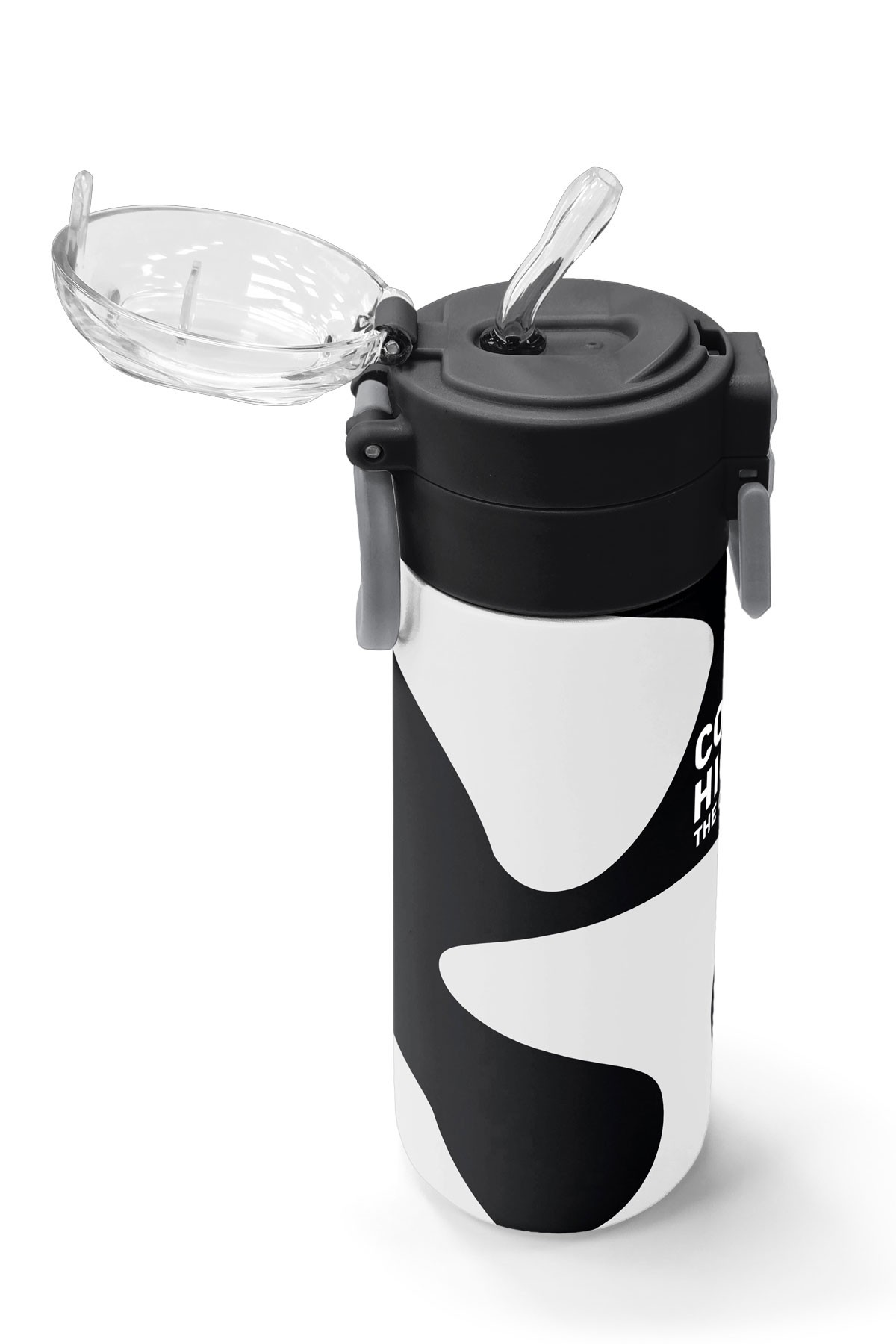 Coral High Kids Siyah Beyaz Desenli Pipetli ve Direkt İçim Çelik Termos 500 ml 31887