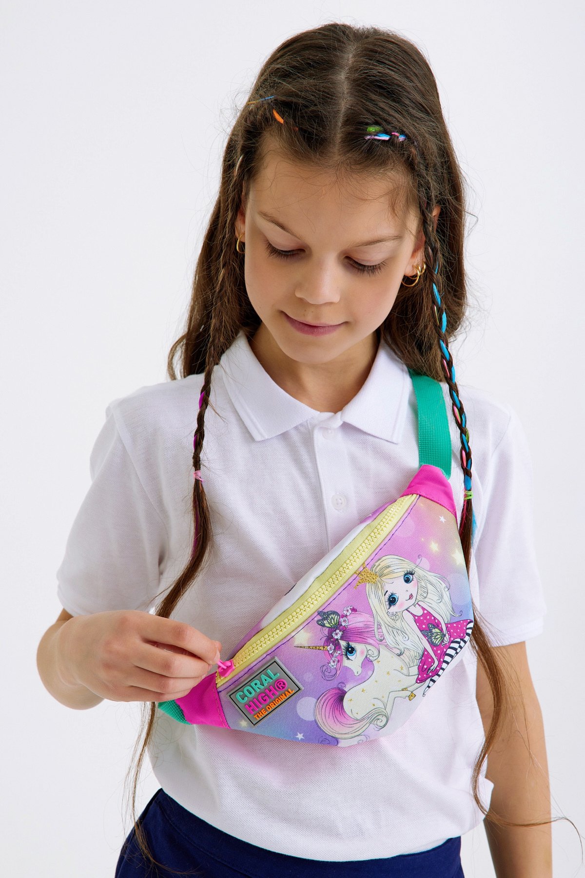 Coral High Kids Pembe Su Yeşili Unicornlu Kız Desenli Bel Çantası 12605