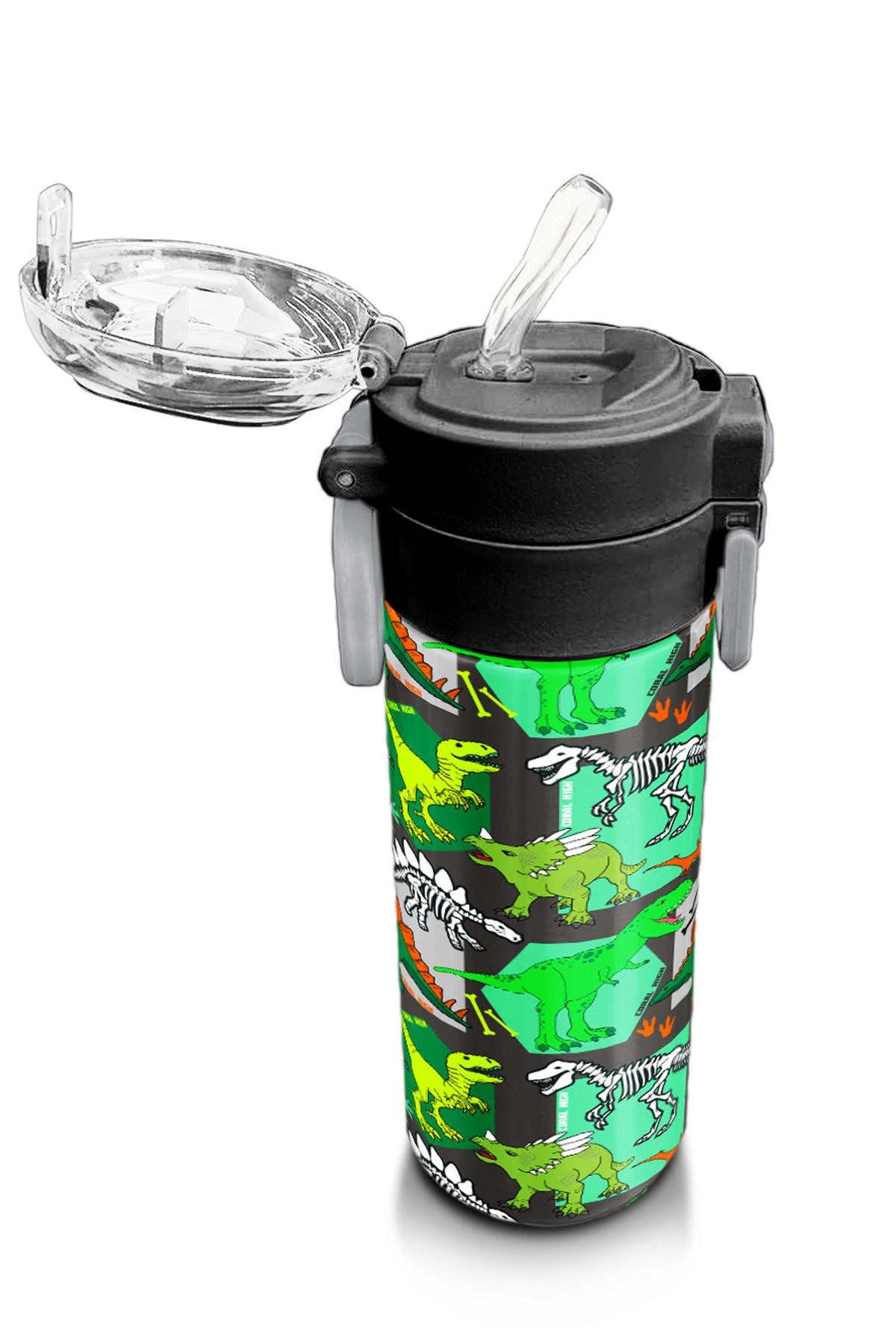 Coral High Kids Gri Yeşil Dinozor Desenli Pipetli ve Direkt İçim Çelik Termos 500 ml 31976
