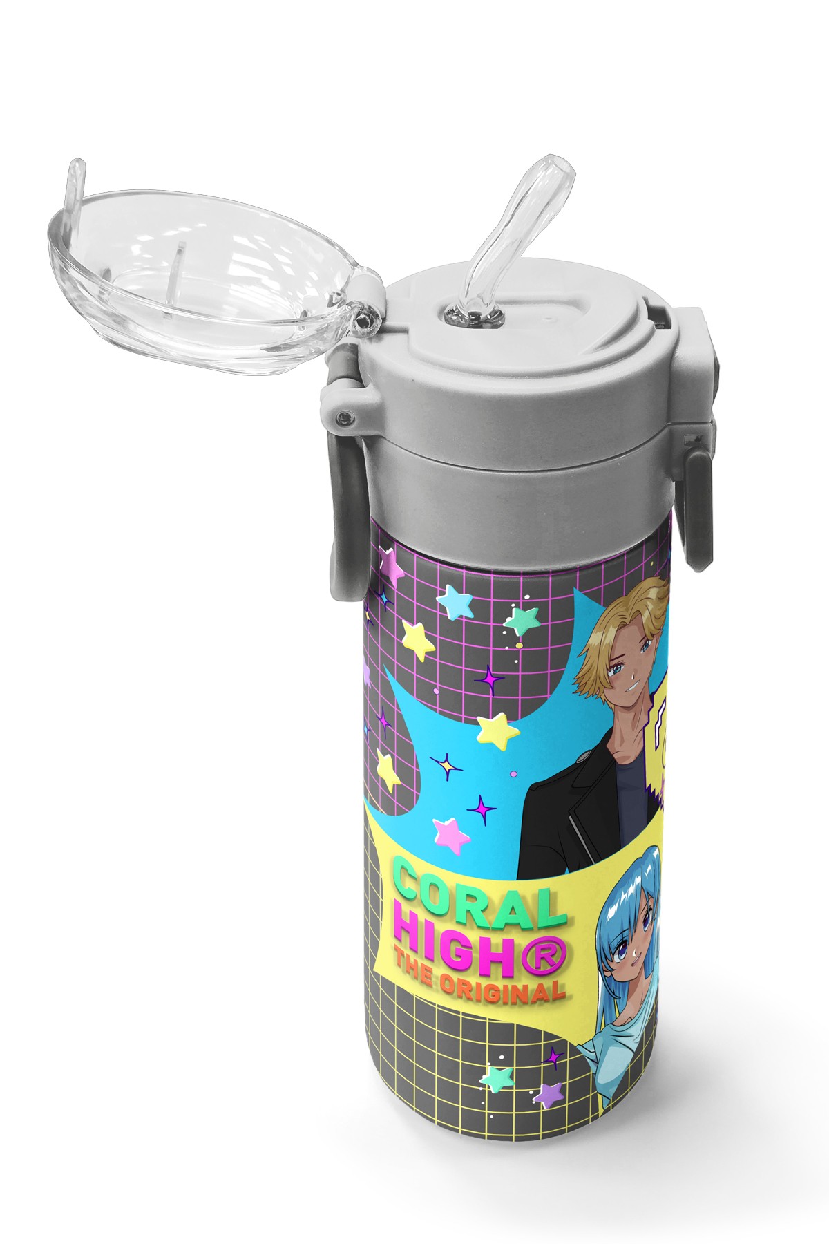 Coral High Kids Gri Mavi Pembe Anime Desenli Pipetli ve Direkt İçim Çelik Termos 500 ml 31943
