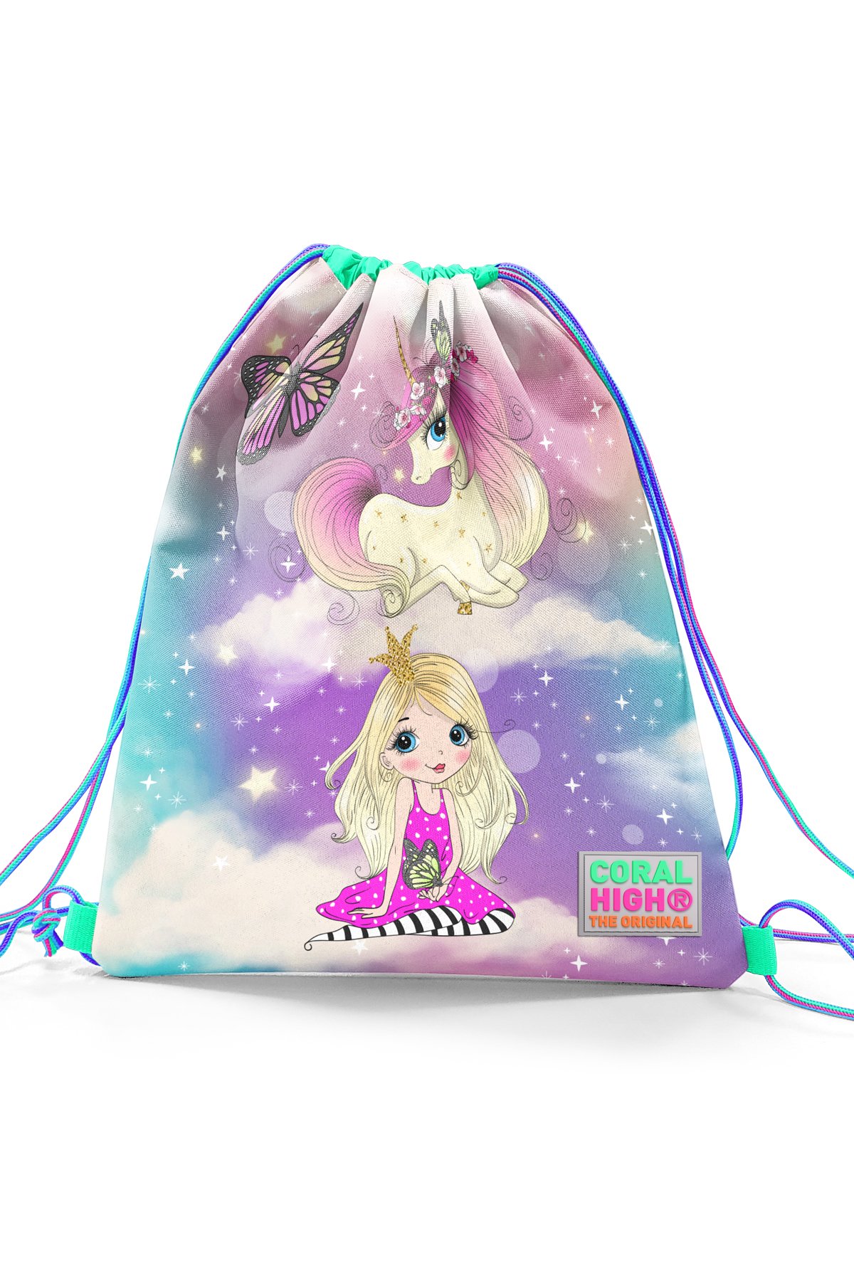 Coral High Kids Pembe Su Yeşili Unicornlu Kız Desenli İpli Büzgülü Sırt Çantası 22433