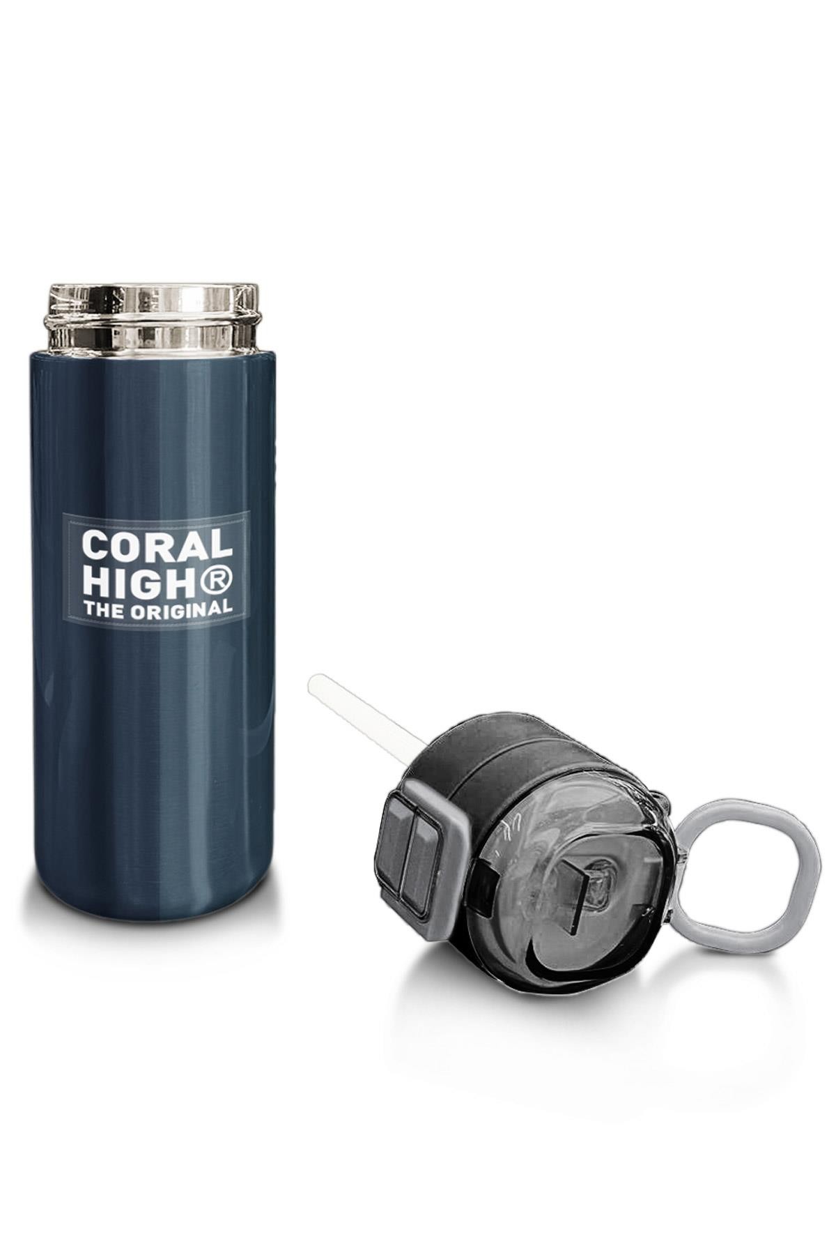 Coral High Kids Lacivert Turuncu Çizgili Pipetli ve Direkt İçim Çelik Termos 500 ml 31998