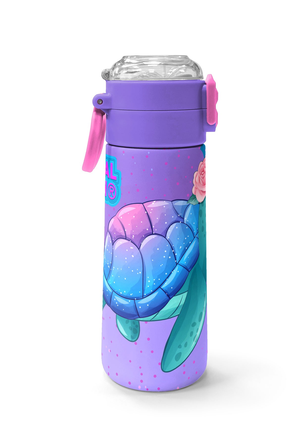 Coral High Kids Açık Pembe Mavi Kaplumbağa Desenli Pipetli ve Direkt İçim Çelik Termos 500 ml 31808