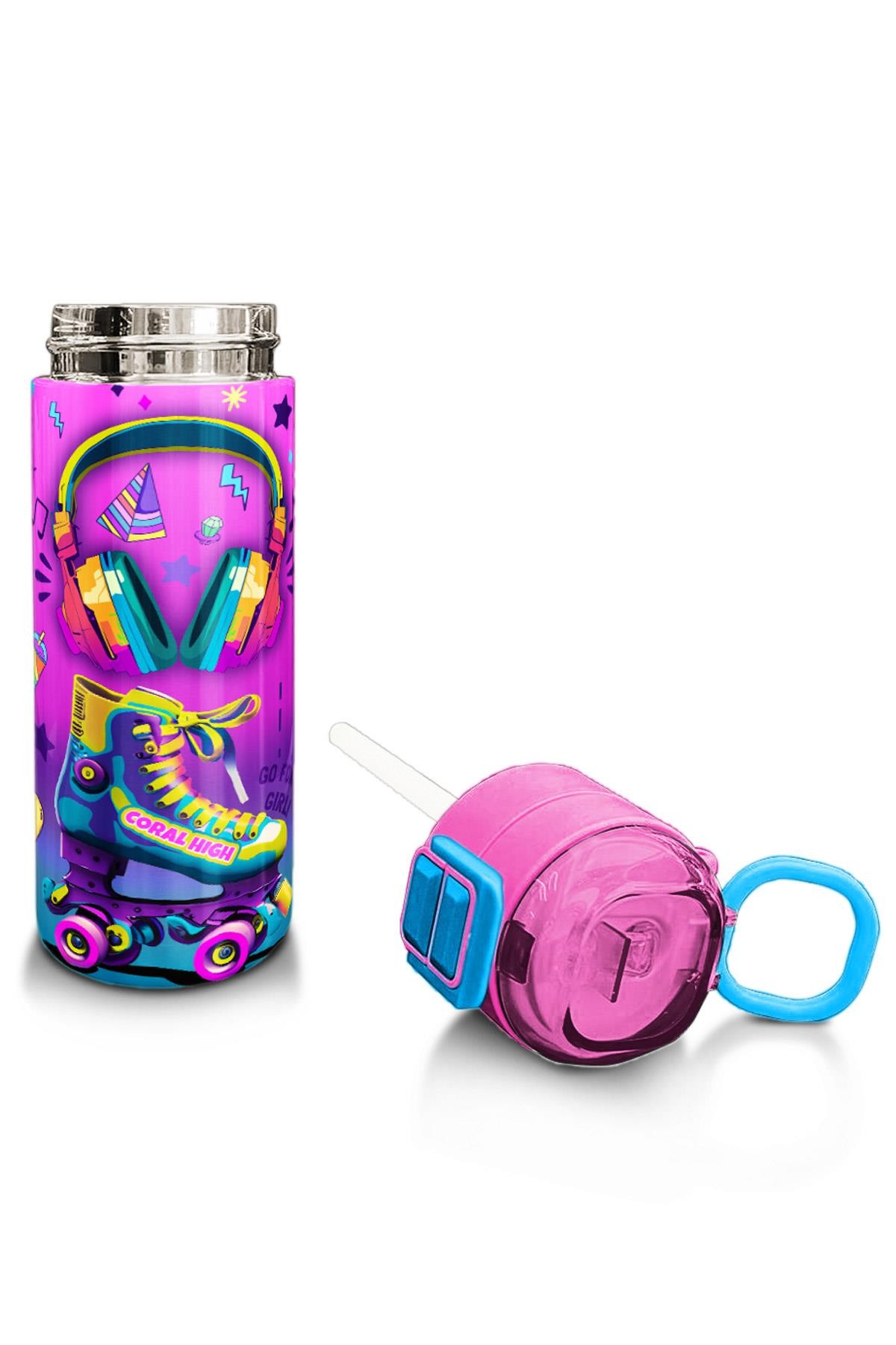 Coral High Kids Pembe Turkuaz Kulaklık Paten Desenli Pipetli ve Direkt İçim Çelik Termos 500 ml 31955