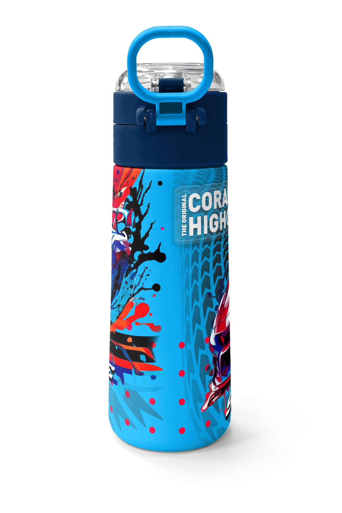 Coral High Kids Gri Mavi Yarış Arabası Desenli Pipetli ve Direkt İçim Çelik Termos 500 ml 31815