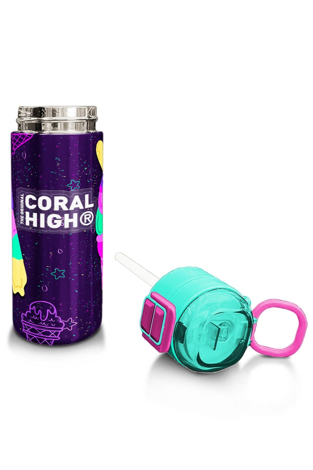 Coral High Kids Mor Pembe Dondurma Desenli Pipetli ve Direkt İçim Çelik Termos 500 ml 31980