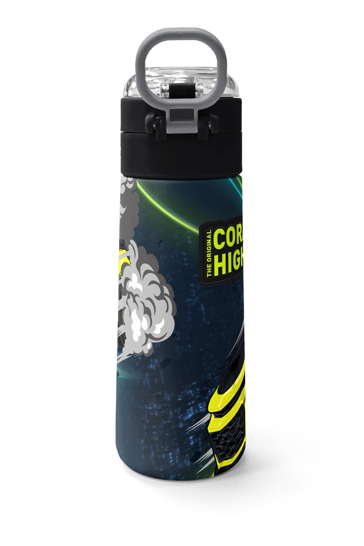Coral High Kids Nefti Fosforlu Sarı Araba Desenli Pipetli ve Direkt İçim Çelik Termos 500 ml 31834