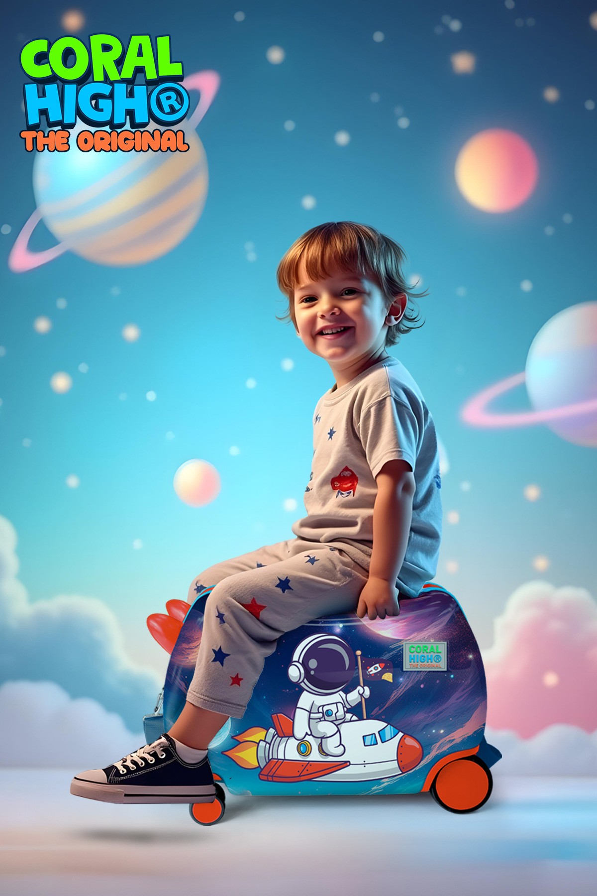 Coral High Kids Kırmızı Lacivert Astronot Desenli Otur-Çek Çocuk Valizi 16364